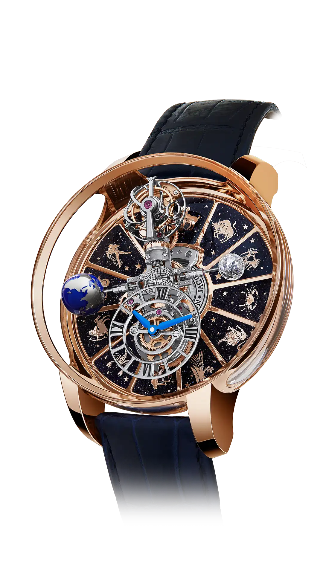 The rose gold Astronomia Art Zodiac, with a black, zodiac themed platform base.