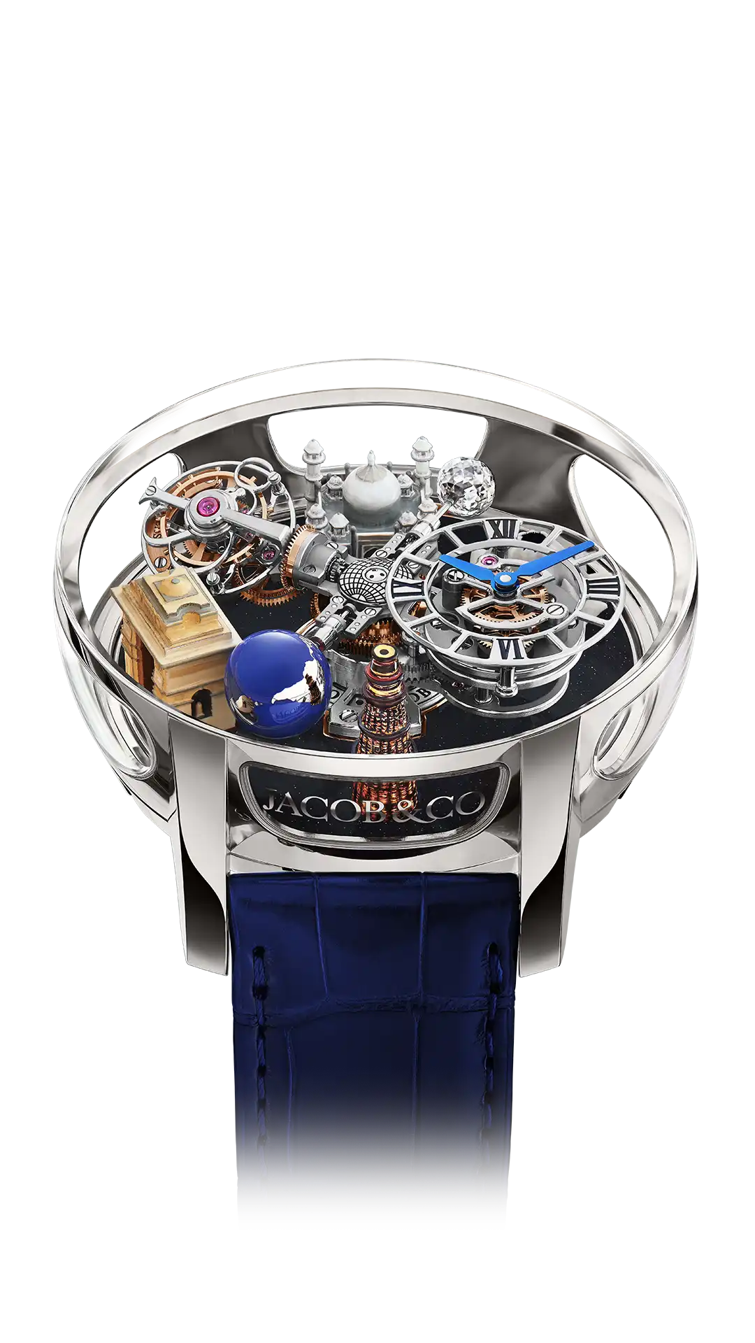 The white gold Astronomia Art India, with famous indian landmarks above a black platform base.