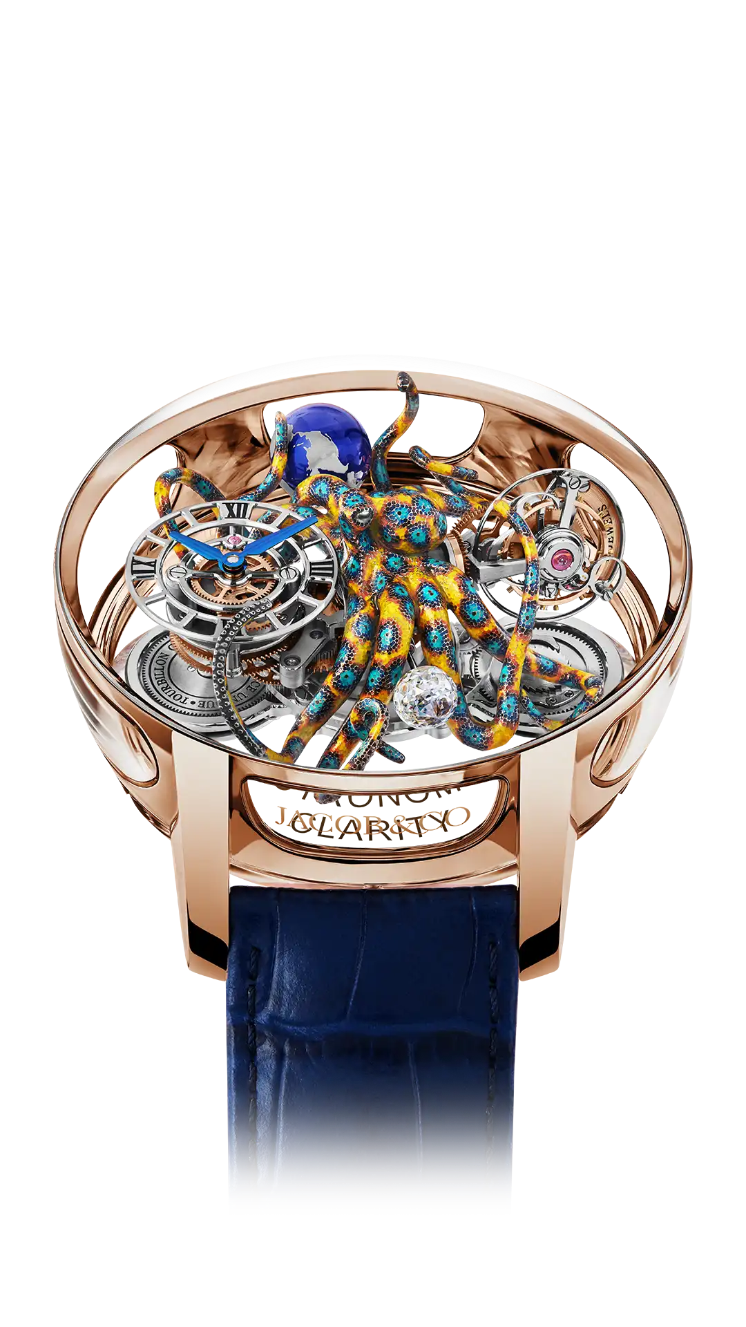 The rose gold Astronomia Art Octopus, with a large yellow and blue-spotted octopus.