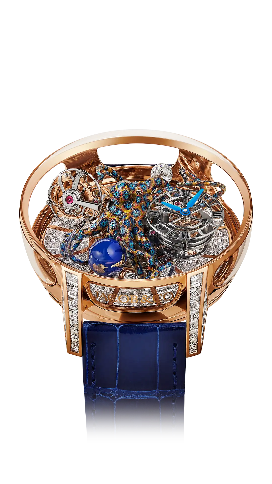 The rose gold Astronomia Art Octopus, with a large yellow and blue-spotted octopus above a diamond-set platform base.