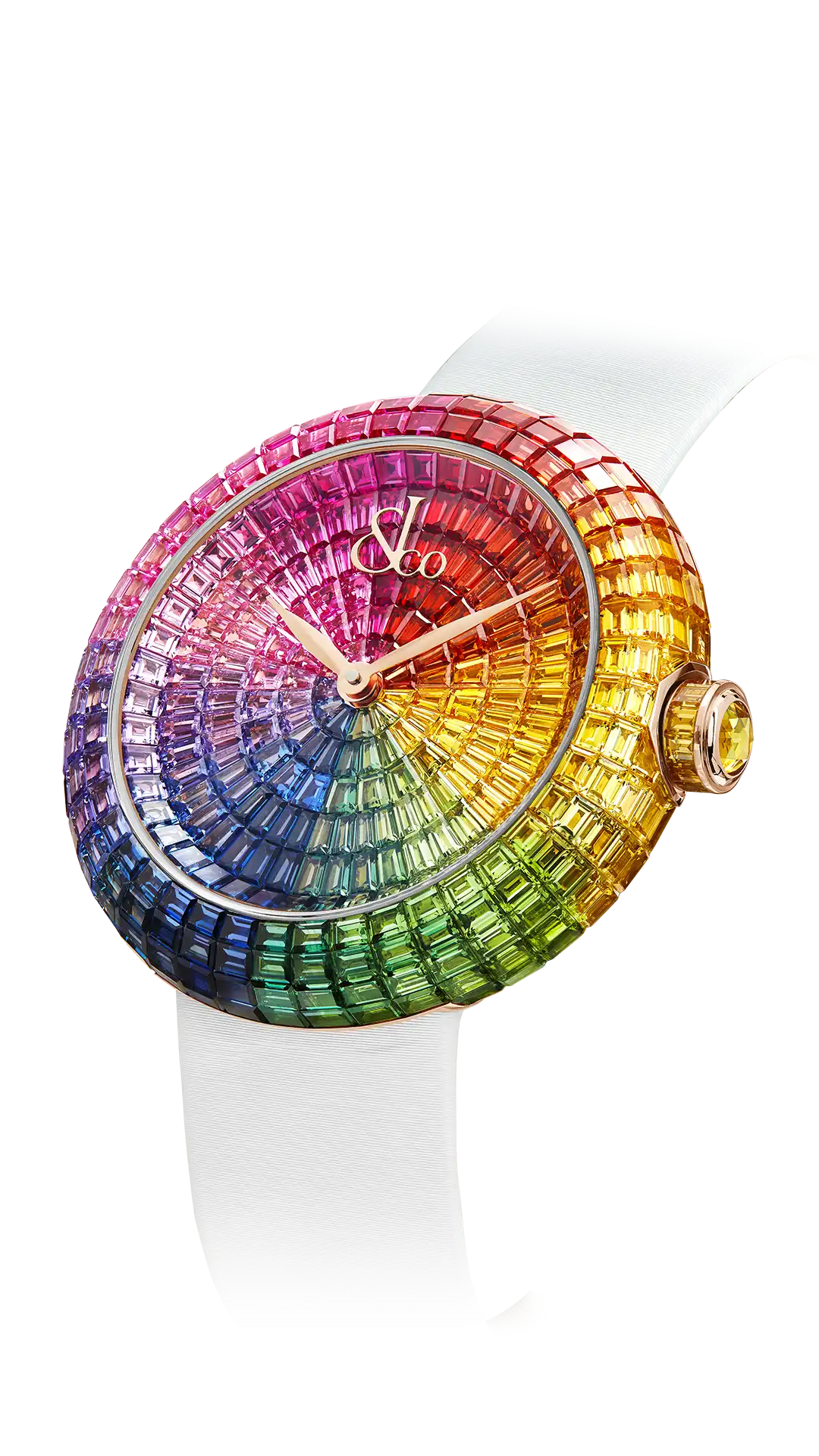 The rose gold Brilliant Baguette, fully set with multicolored rainbow sapphires.