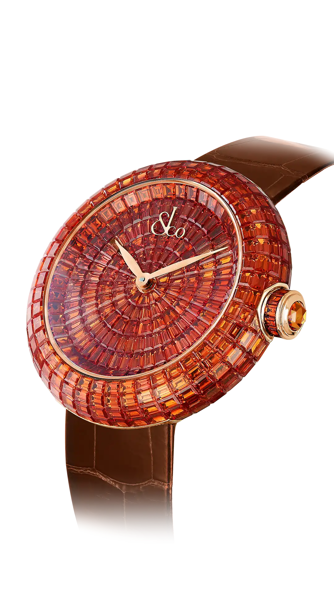 The rose gold Brilliant Baguette, fullly set with orange sapphires.