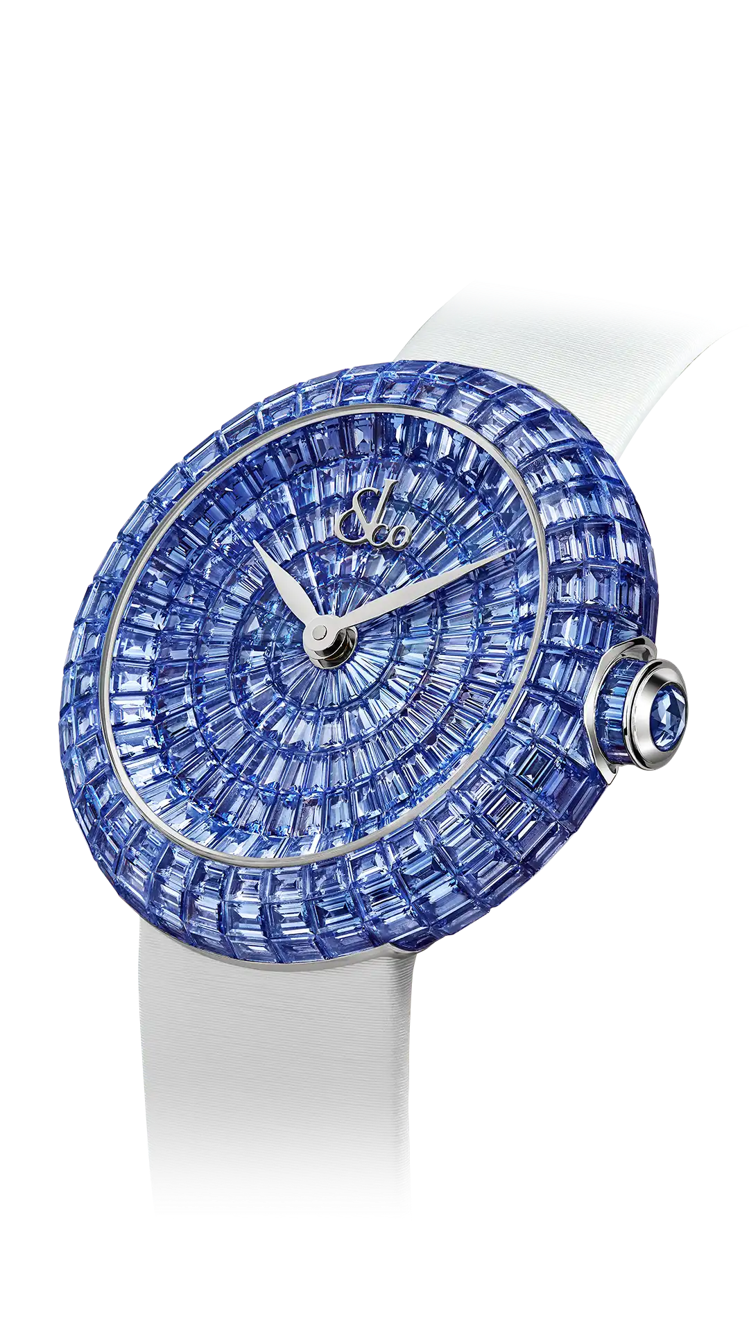 The white gold Brilliant Baguette, fullly set with icy blue sapphires.