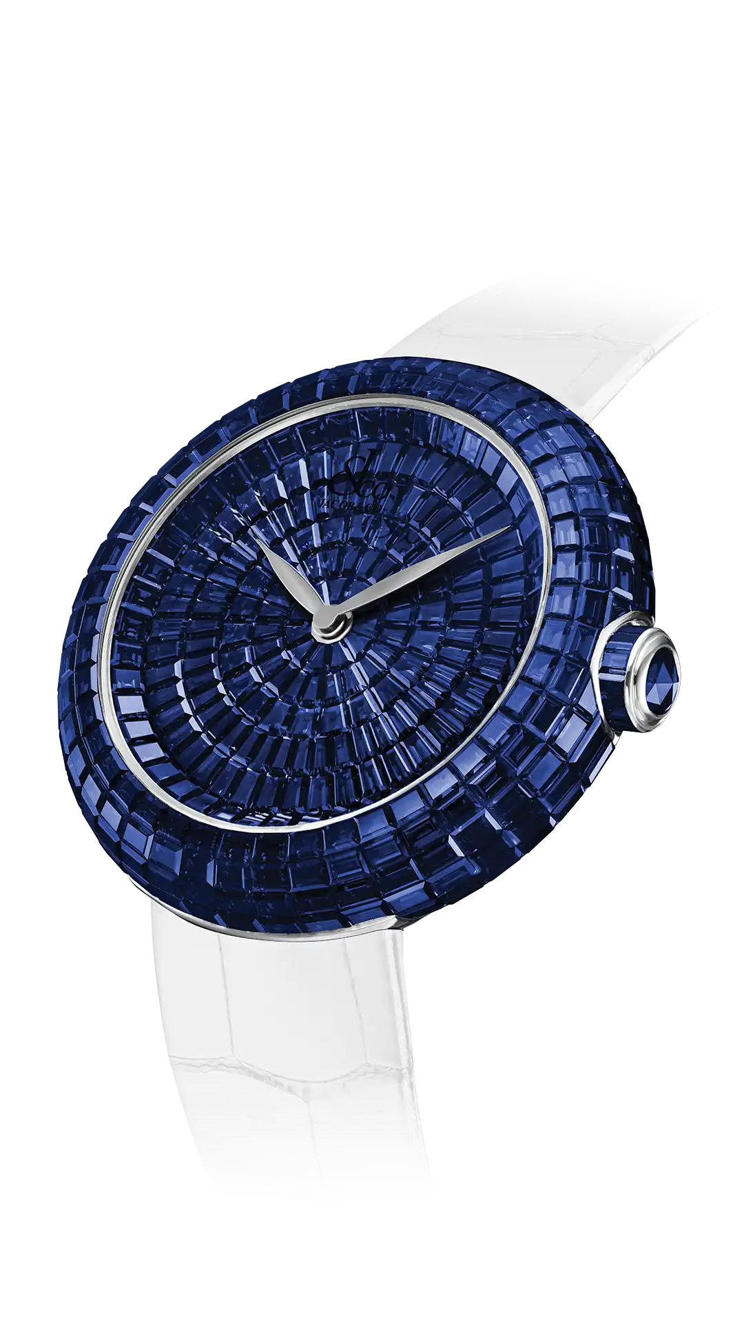The white gold Brilliant Baguette, fullly set with blue sapphires.