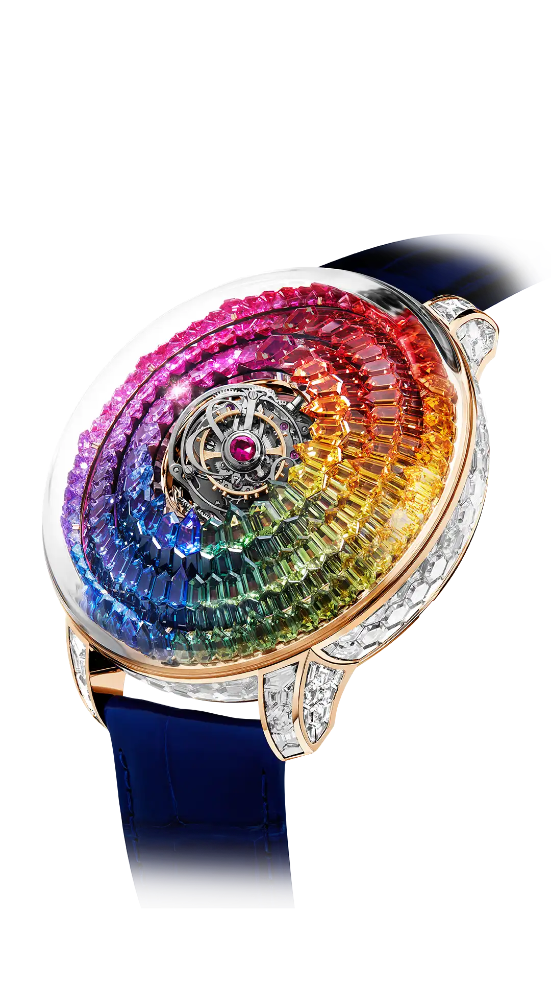The rose gold Mystery Tourbillon, with a rainbow sapphire "dial", ruby hands, and multicolored sapphire hour markers.