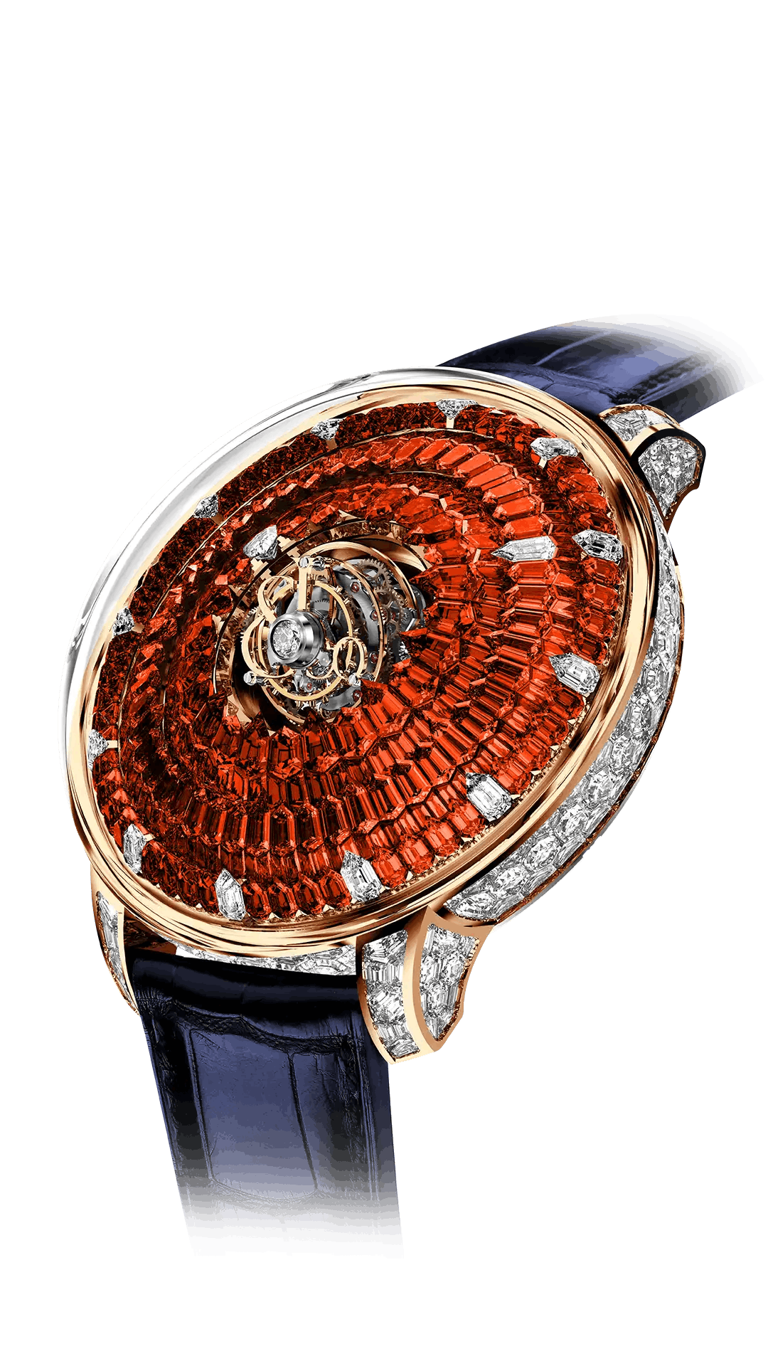 The rose gold Mystery Tourbillon, with an orange sapphire "dial", white diamond hands, and white diamond hour markers.