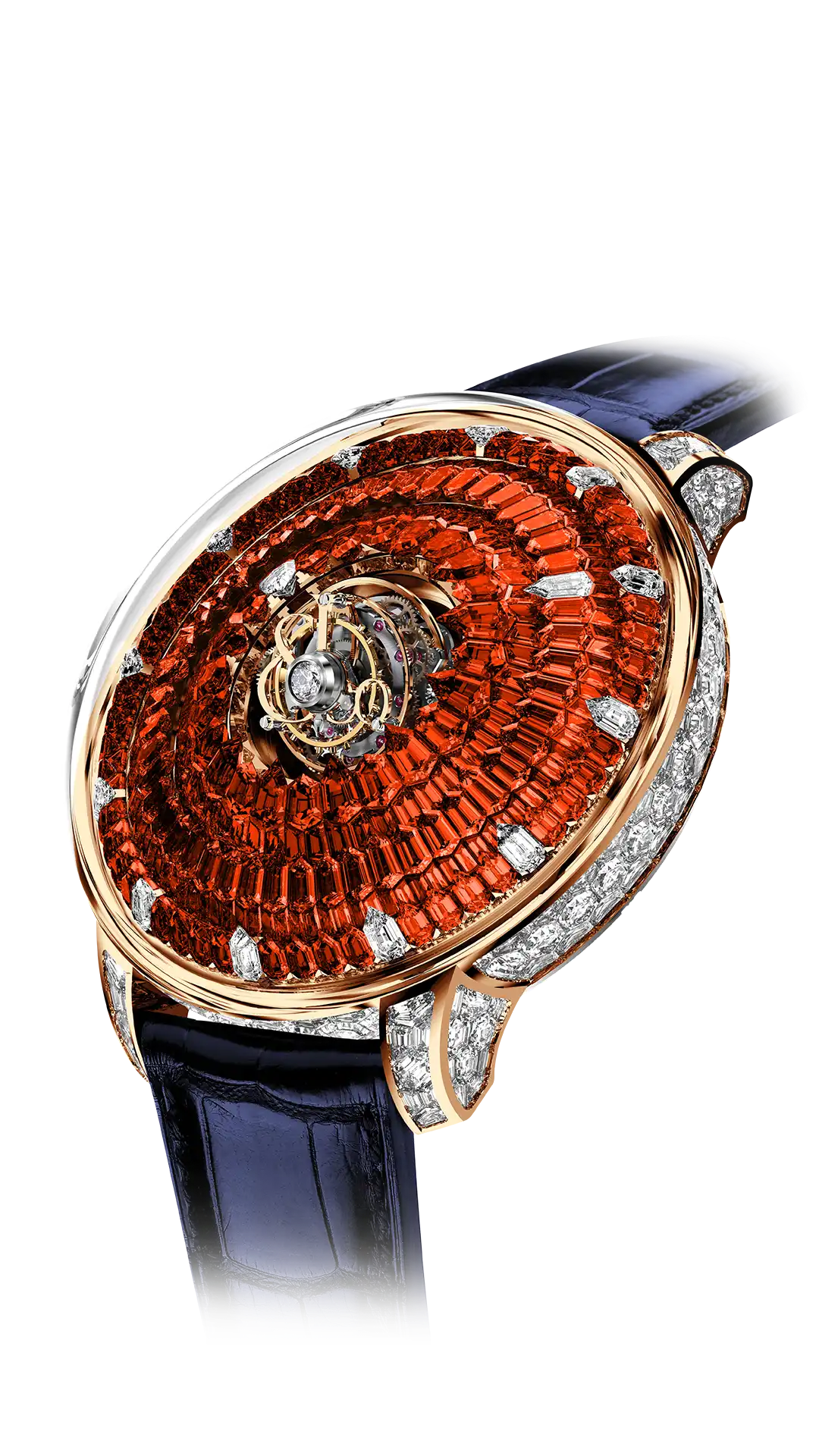 The rose gold Mystery Tourbillon, with an orange sapphire "dial", white diamond hands, and white diamond hour markers.
