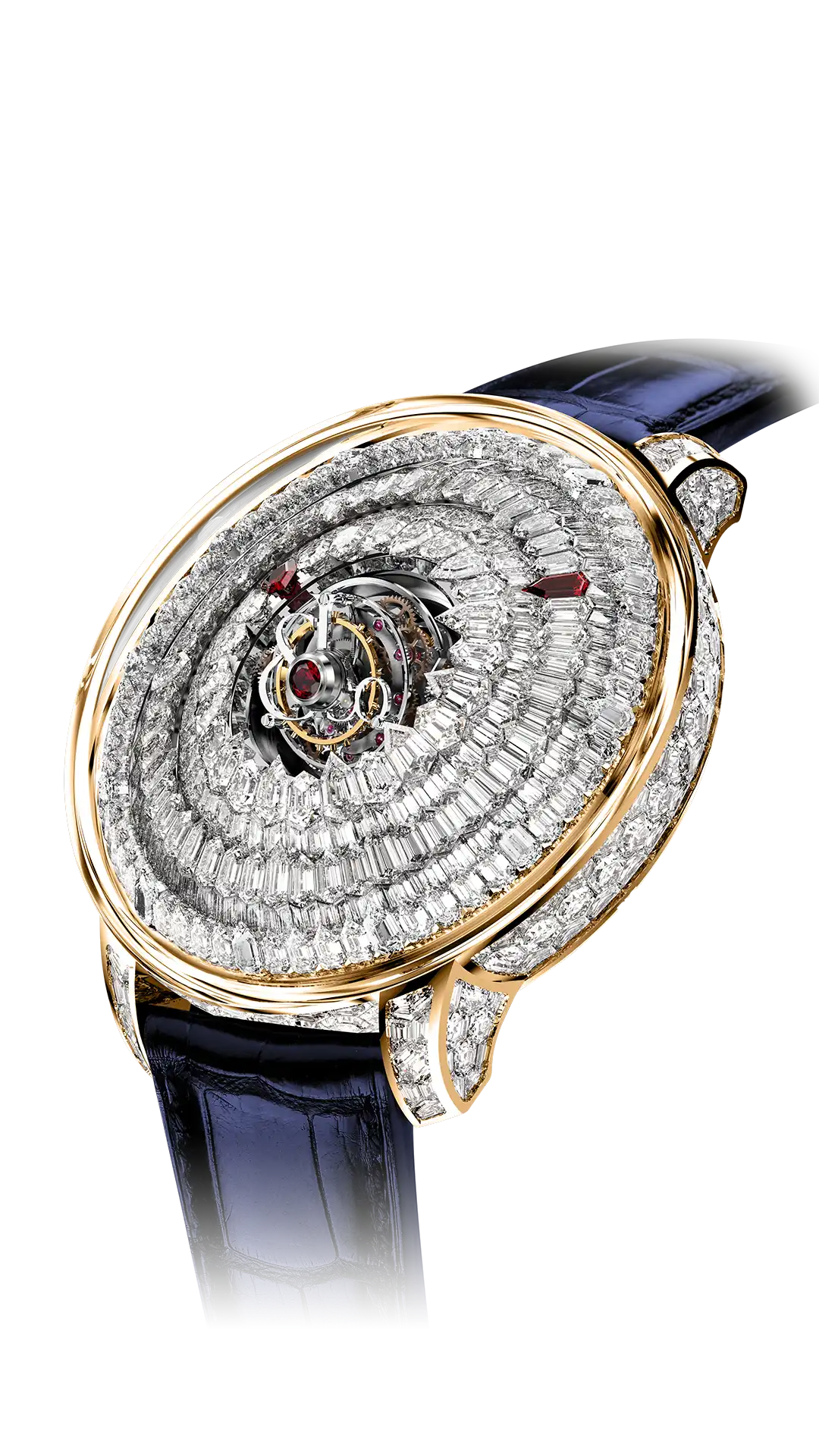 The rose gold Mystery Tourbillon, with a diamond "dial", ruby hands, and and white diamond hour markers.