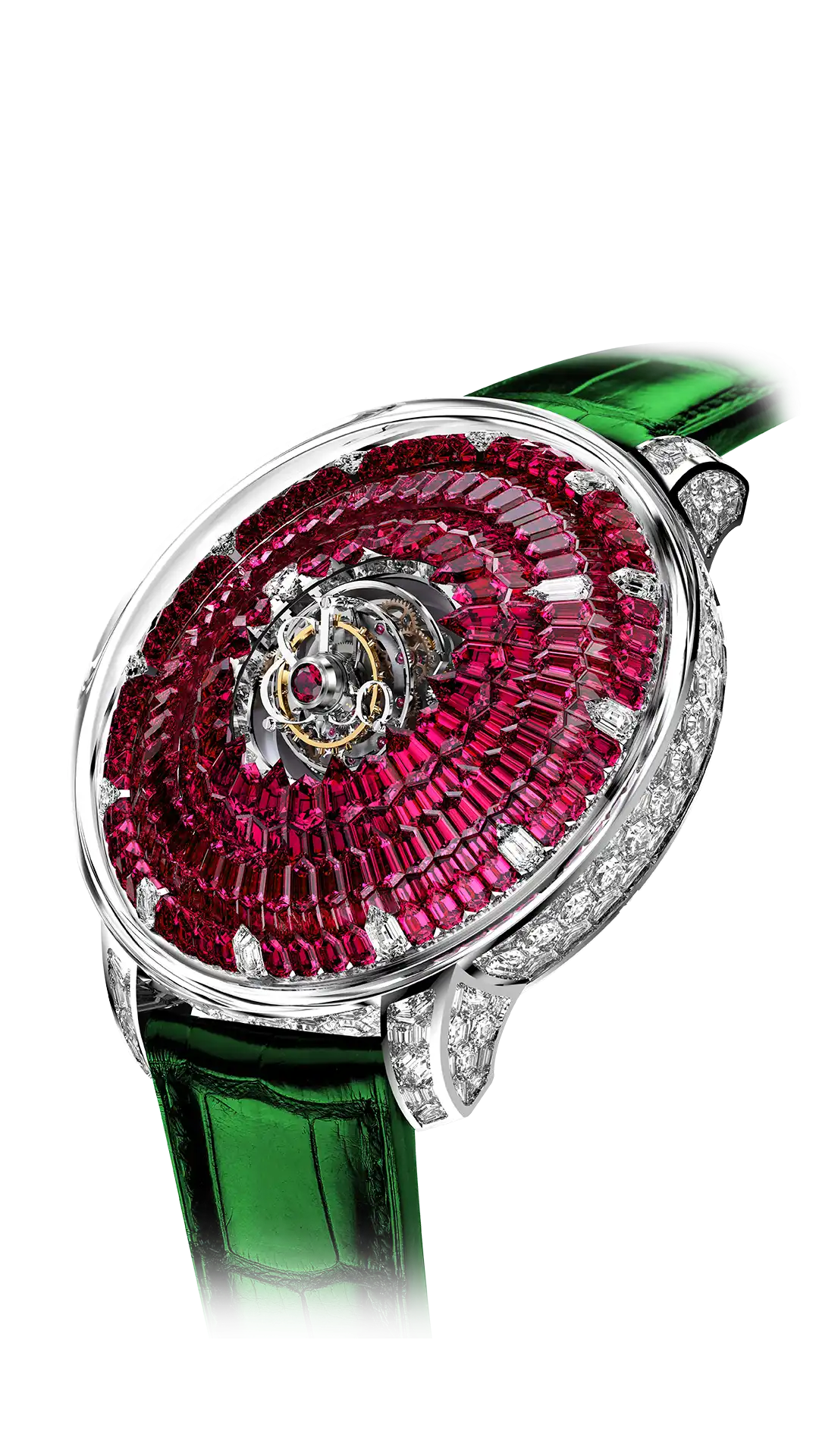 The white gold Mystery Tourbillon, with a ruby "dial", white diamond hands, and white diamond hour markers.