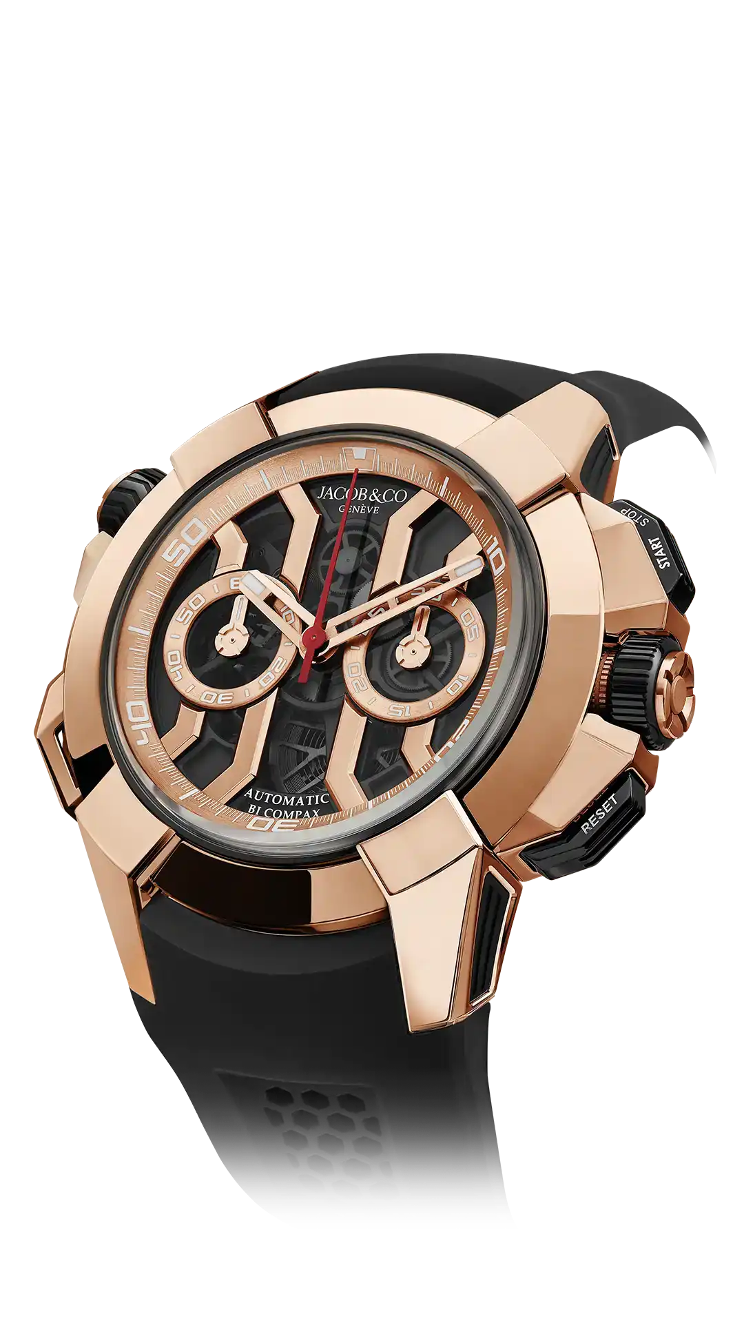 The rose gold Epic X Chrono 47-millimeter, with a rose gold bezel and black mineral dial.