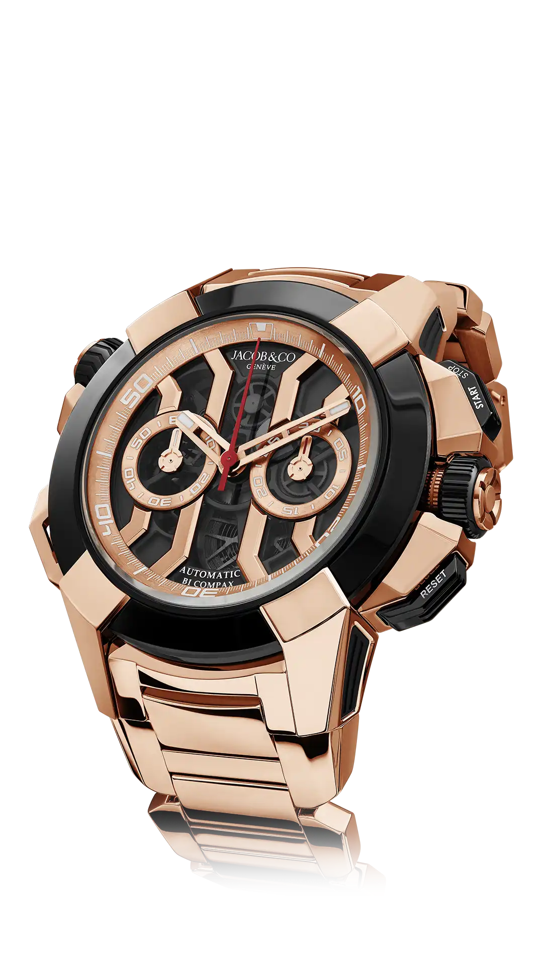 The rose gold Epic X Chrono 47-millimeter, with a black ceramic bezel and black mineral dial, on a rose gold bracelet.