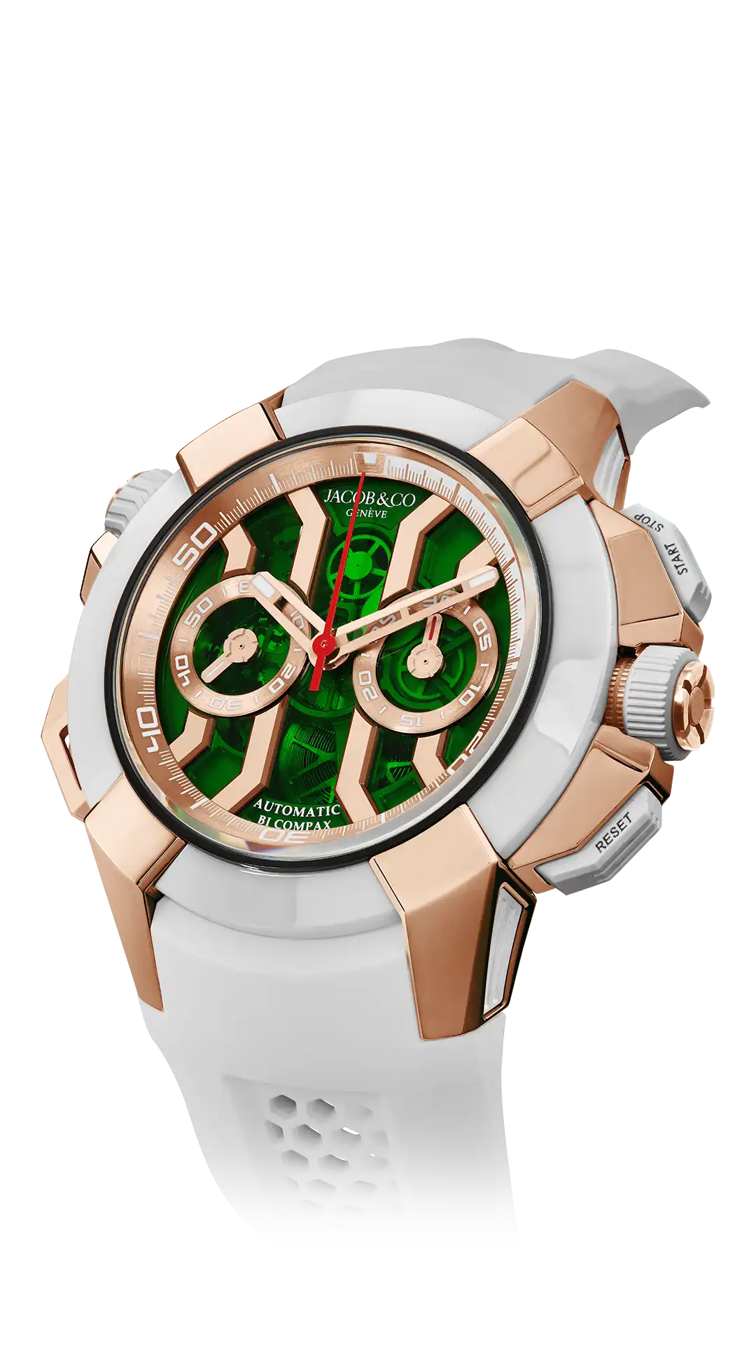 The rose gold Epic X Chrono 47-millimeter, with a white ceramic bezel and green mineral dial.