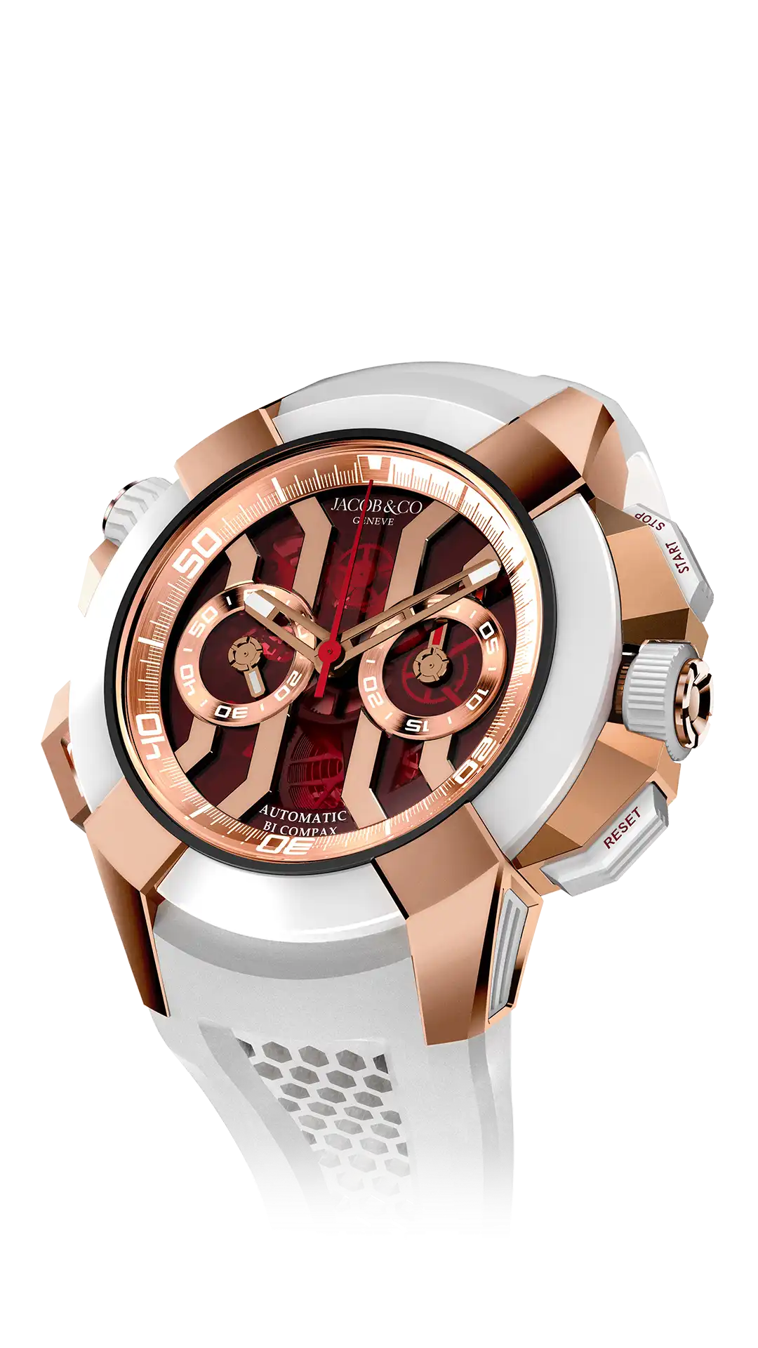 The rose gold Epic X Chrono 47-millimeter, with a white ceramic bezel and red mineral dial.