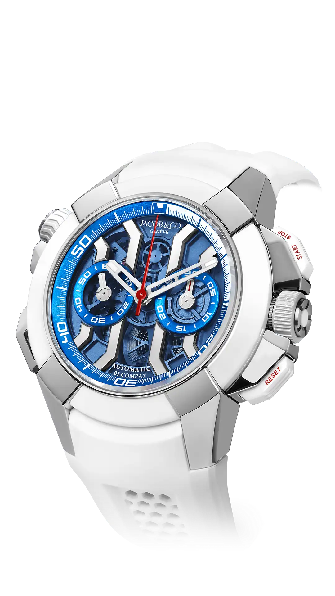 The titanium Epic X Chrono 47-millimeter, with a white ceramic bezel, blue mienral dial, and gray accents.