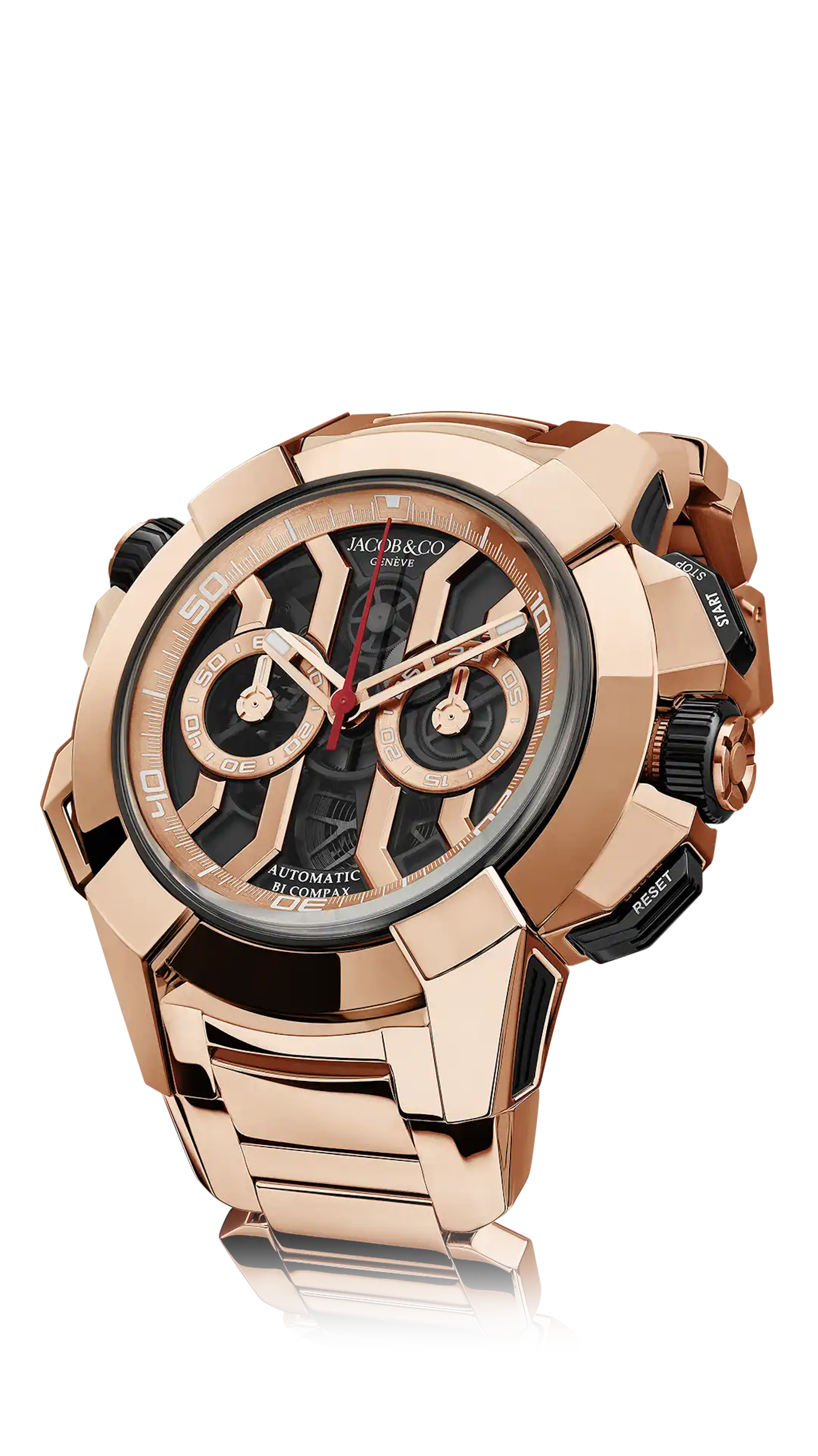 The rose gold Epic X Chrono 47-millimeter, with a rose gold bezel and black mineral dial, on a rose gold bracelet.
