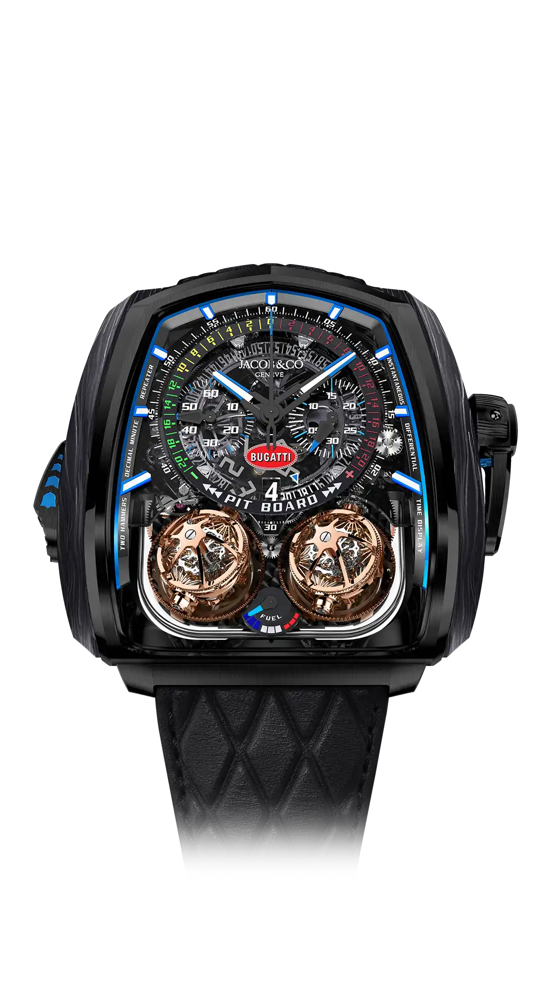 The black titanium Twin Turbo Furious Bugatti, a limited edition watch with blue accents and a black titanium crank.