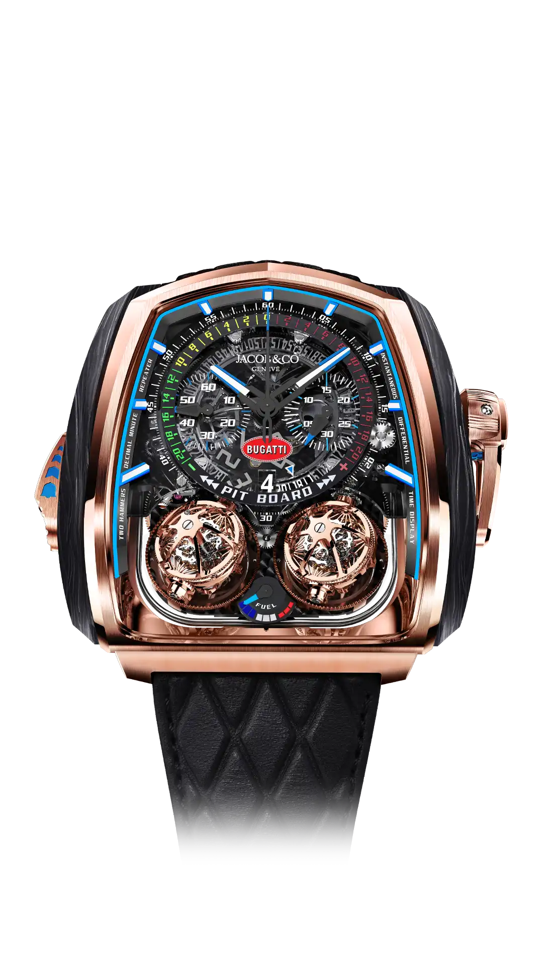 The rose gold Twin Turbo Furious Bugatti, a limited edition watch with blue accents and a rose gold crank.