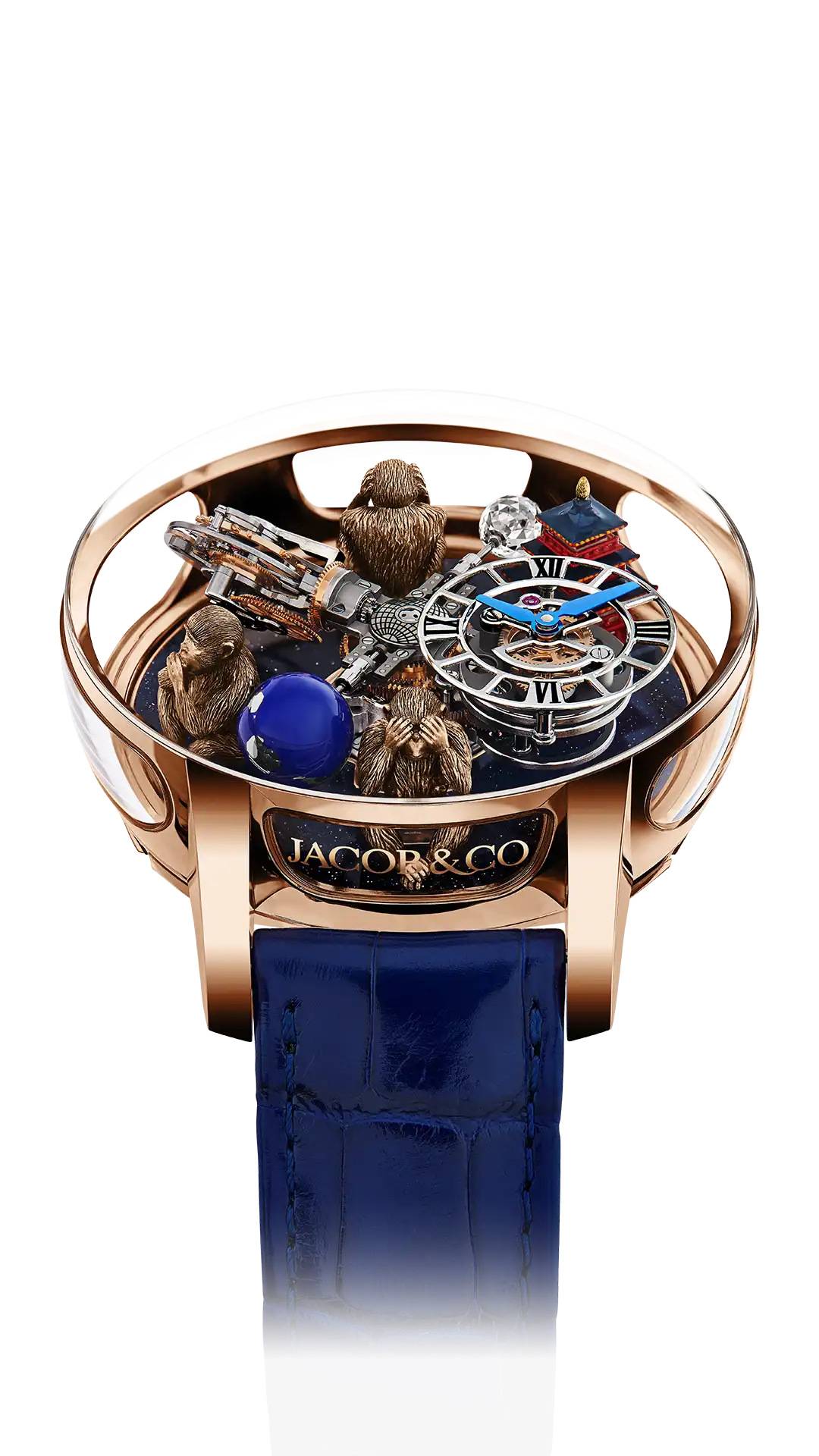 The rose gold Astronomia Art, with three wise monkeys and a temple.