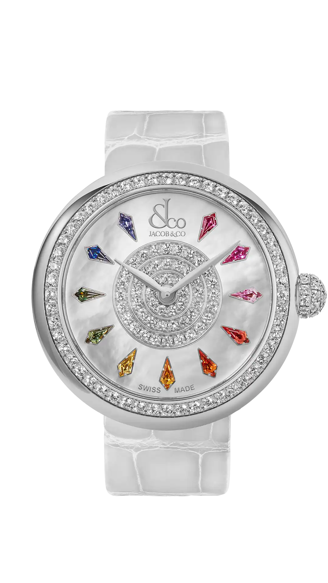 The stainless steel Brilliant watch, with a diamond-set bezel, and multicolored rainbow sapphire hour markers.