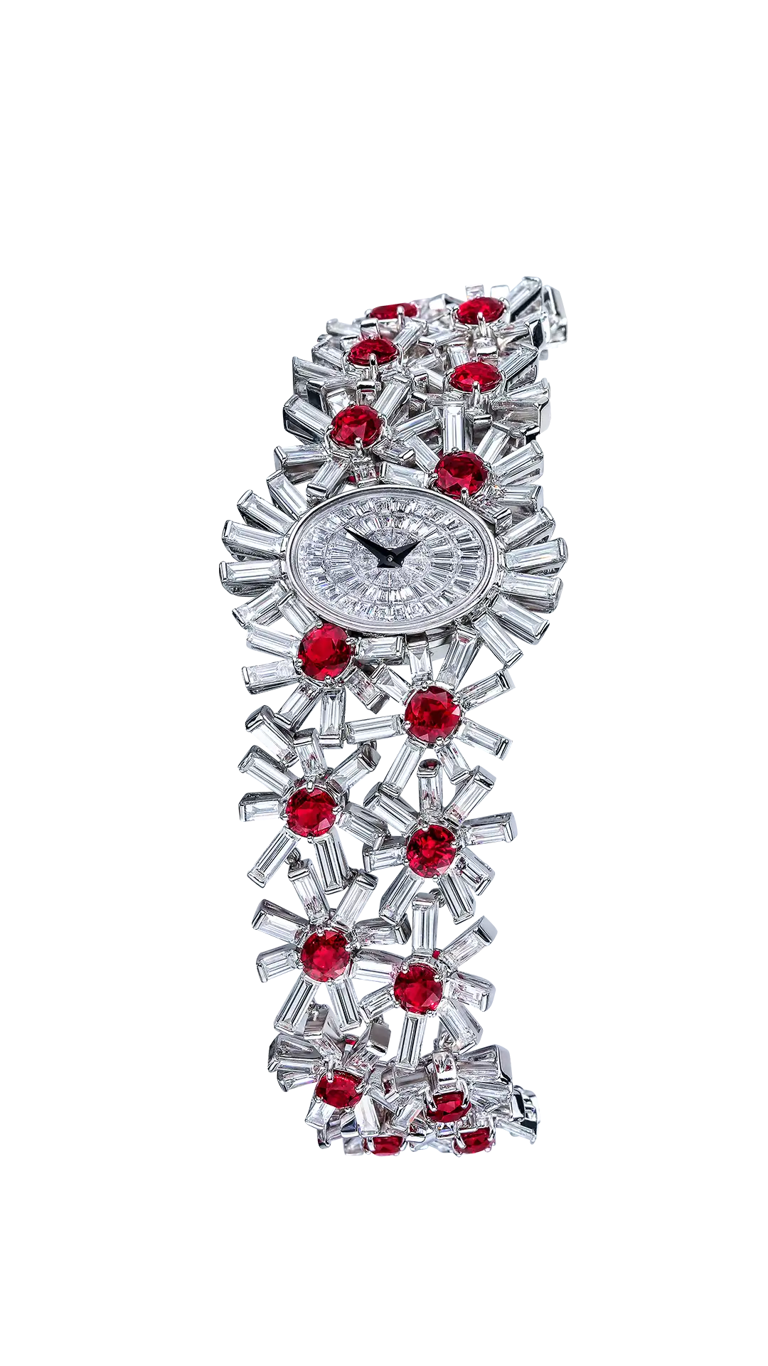 The Red Heart Boutique watch is a full diamond-set watch with daisy-shaped flowers and ruby pistils for the bracelet.