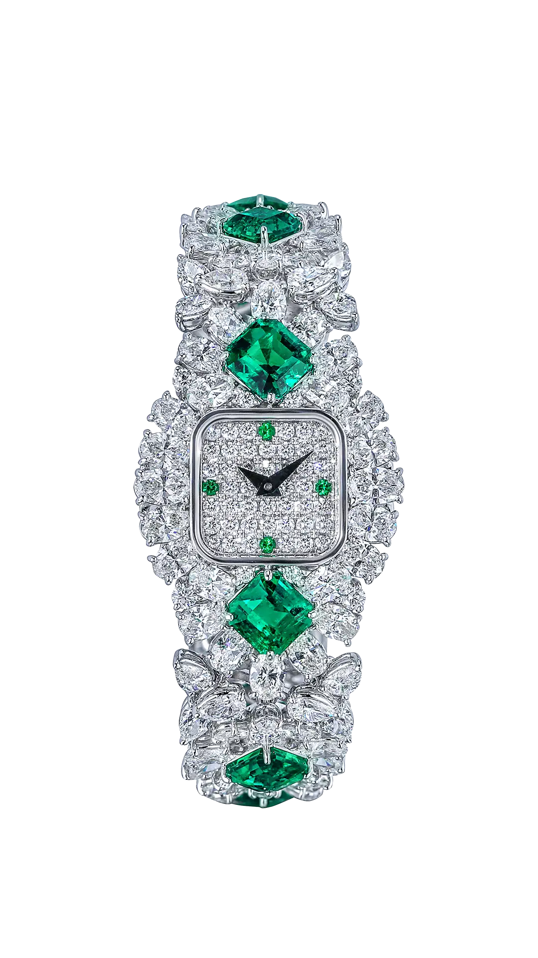 The Emerald Flourish Boutique watch is a diamond-set, square dial watch adorned with princess-cut emeralds.