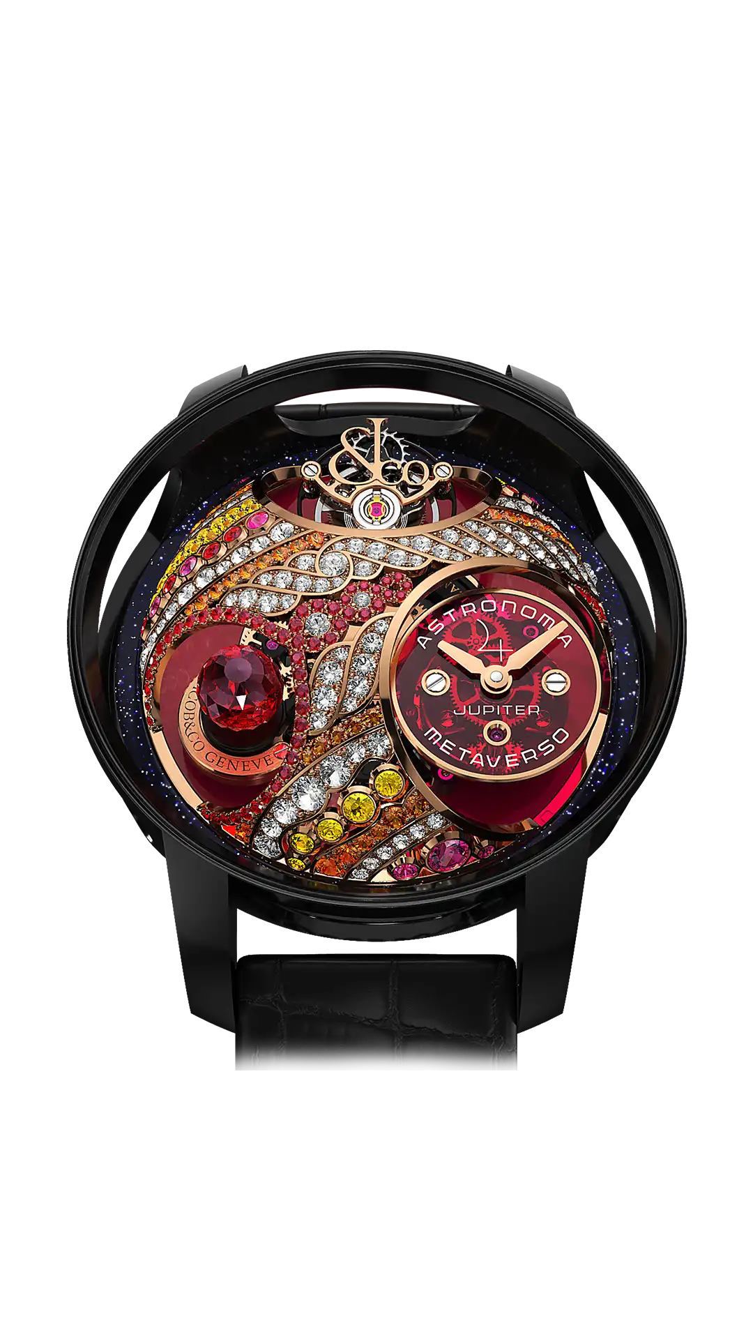 The black titanium Astronomia Metaverso Jupiter, with a ruby Jupiter planet and multicolored gem-set dome.