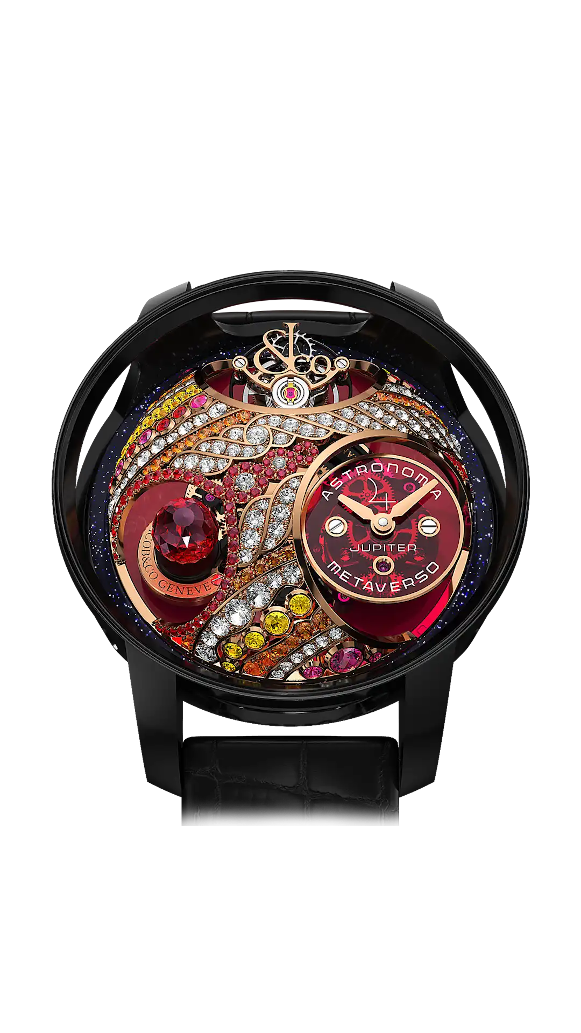 The black titanium Astronomia Metaverso Jupiter, with a ruby Jupiter planet and multicolored gem-set dome.