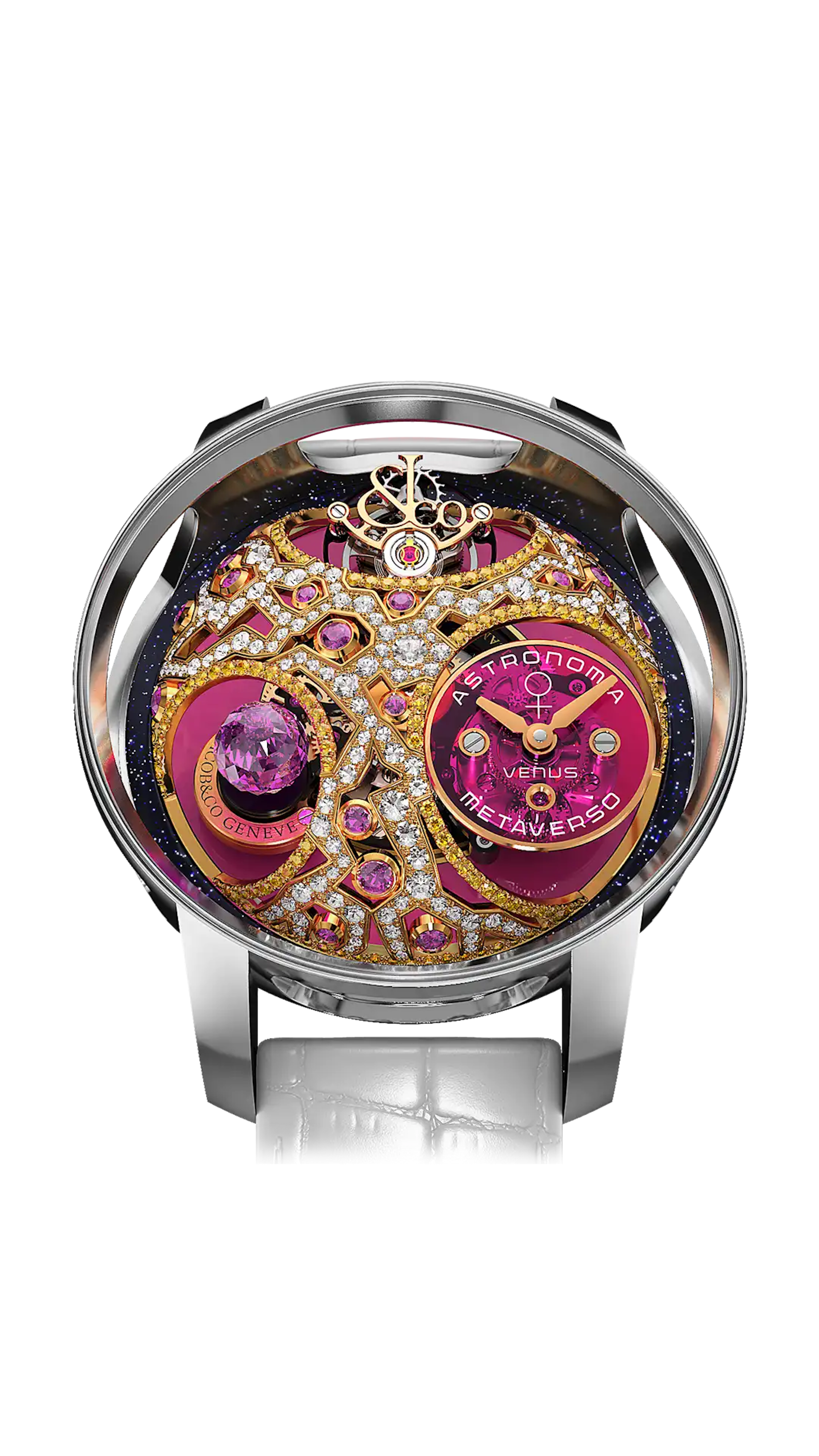 The white gold Astronomia Metaverso Venus, with a pink sapphire planet and diamond-set metallic dome.