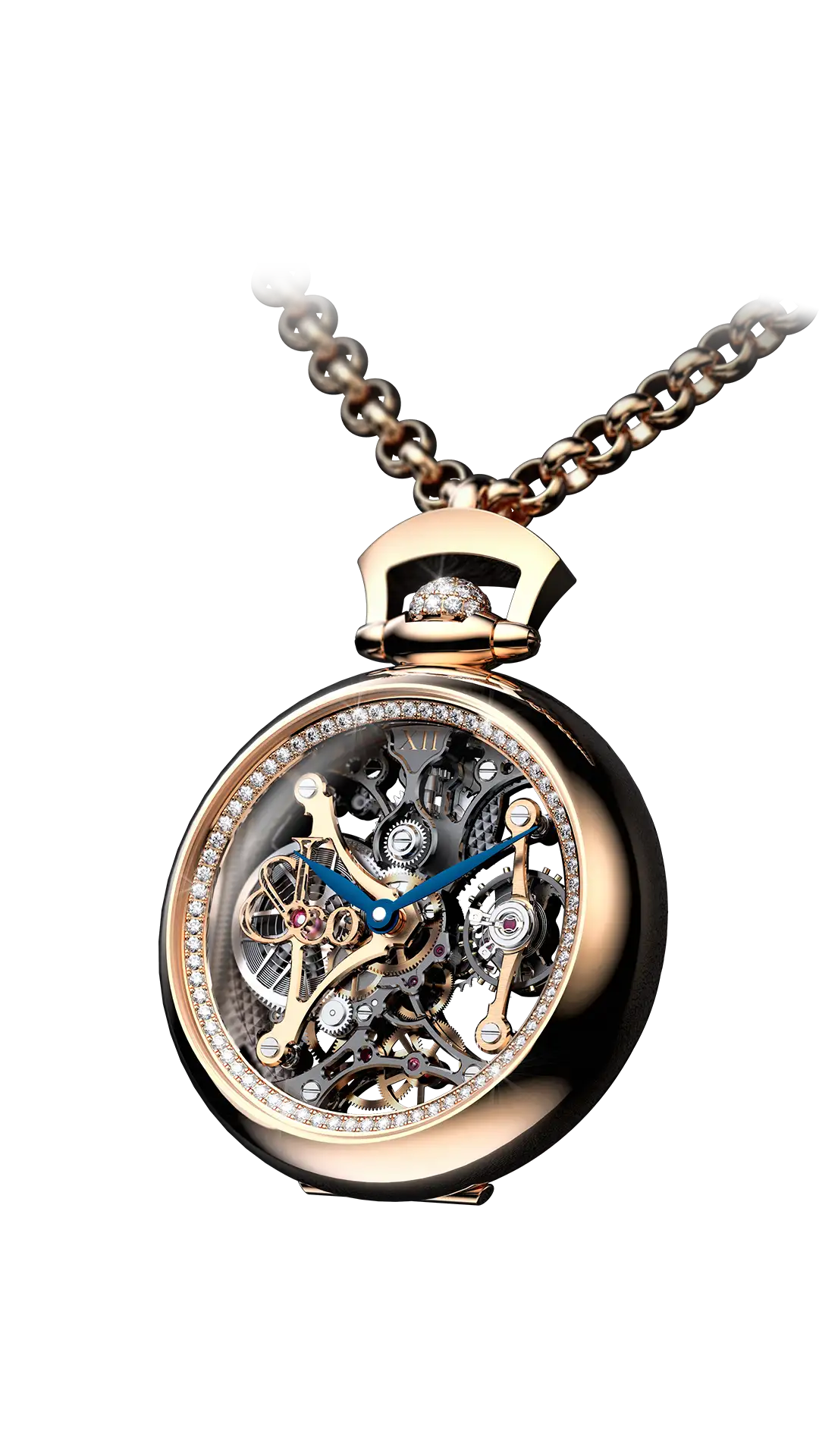 The rose gold Brilliant Watch Pendant, with a clear sapphire crystal dial and diamond pavé bezel.