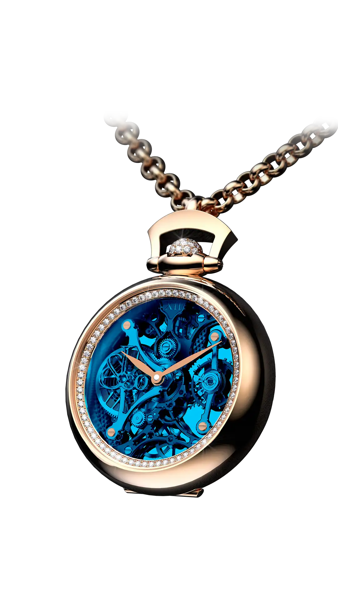 The rose gold Brilliant Watch Pendant, with a blue mineral dial and diamond pavé bezel.
