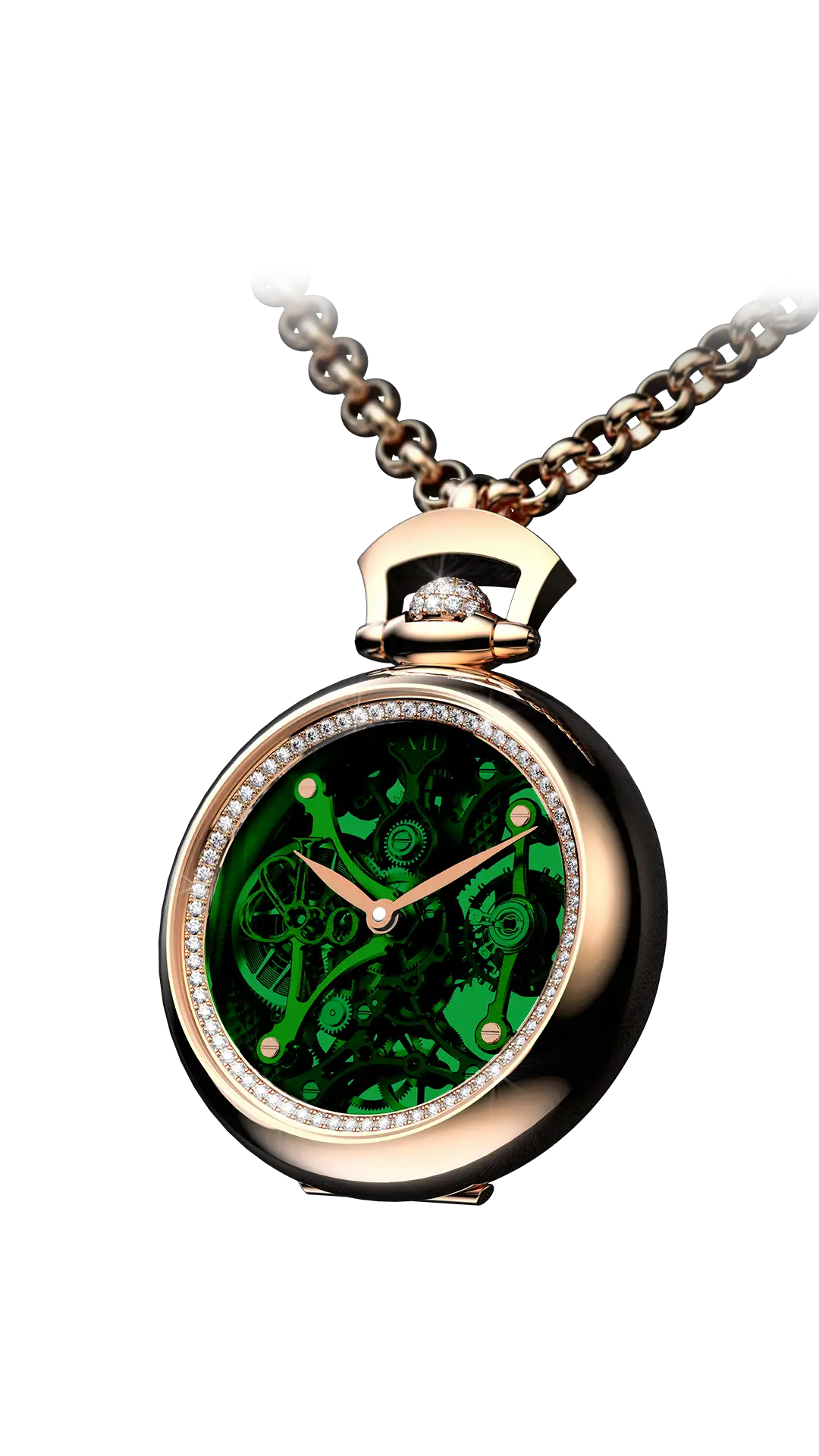 The rose gold Brilliant Watch Pendant, with a green mineral dial and diamond pavé bezel.
