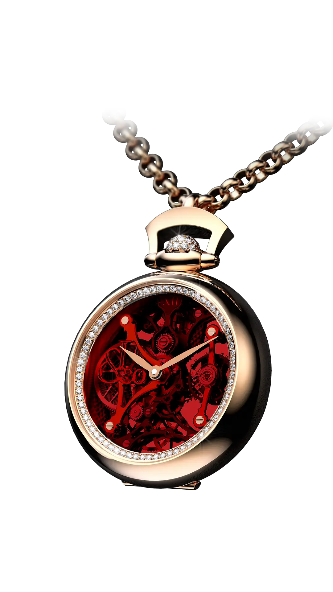 The rose gold Brilliant Watch Pendant, with a red mineral dial and diamond pavé bezel.