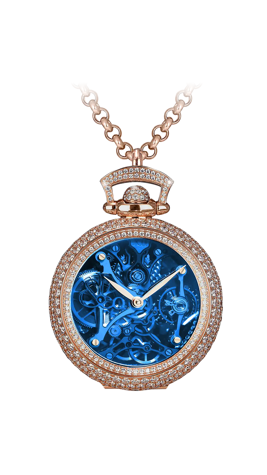 The rose gold Brilliant Watch Pendant, with a blue mineral dial and diamond pavé setting across the case.