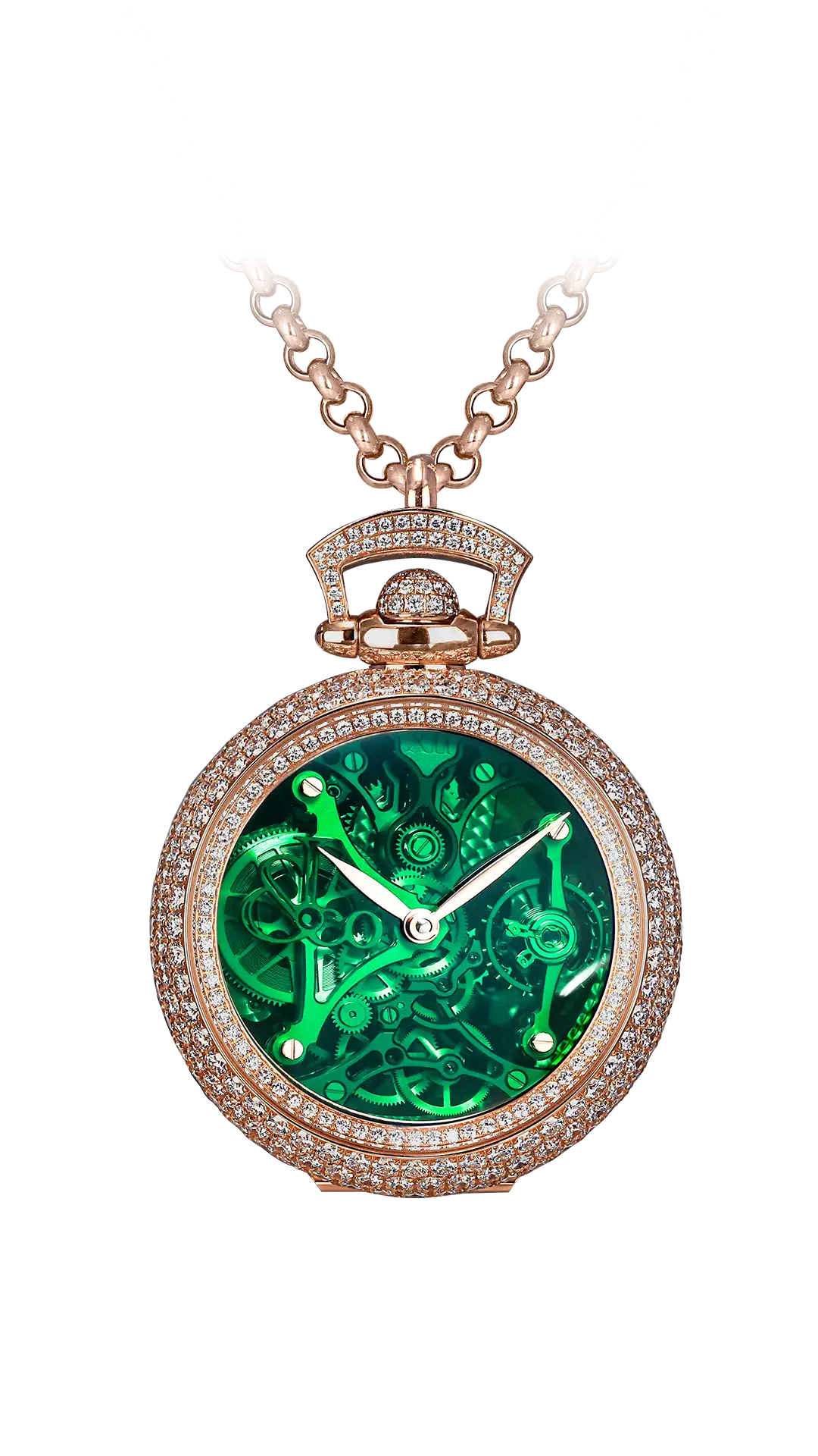 The rose gold Brilliant Watch Pendant, with a clear sapphire crystal dial and diamond pavé setting across the case.