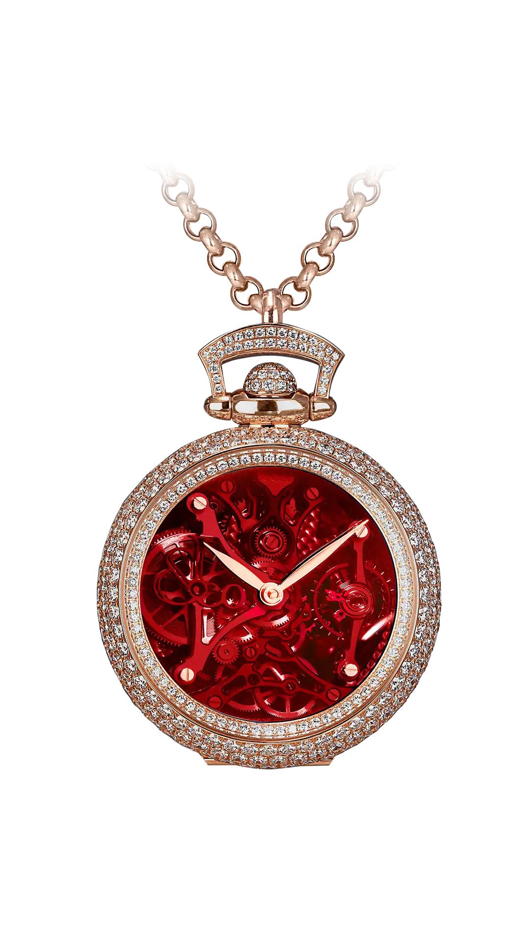 The rose gold Brilliant Watch Pendant, with a red mineral dial and diamond pavé setting across the case.