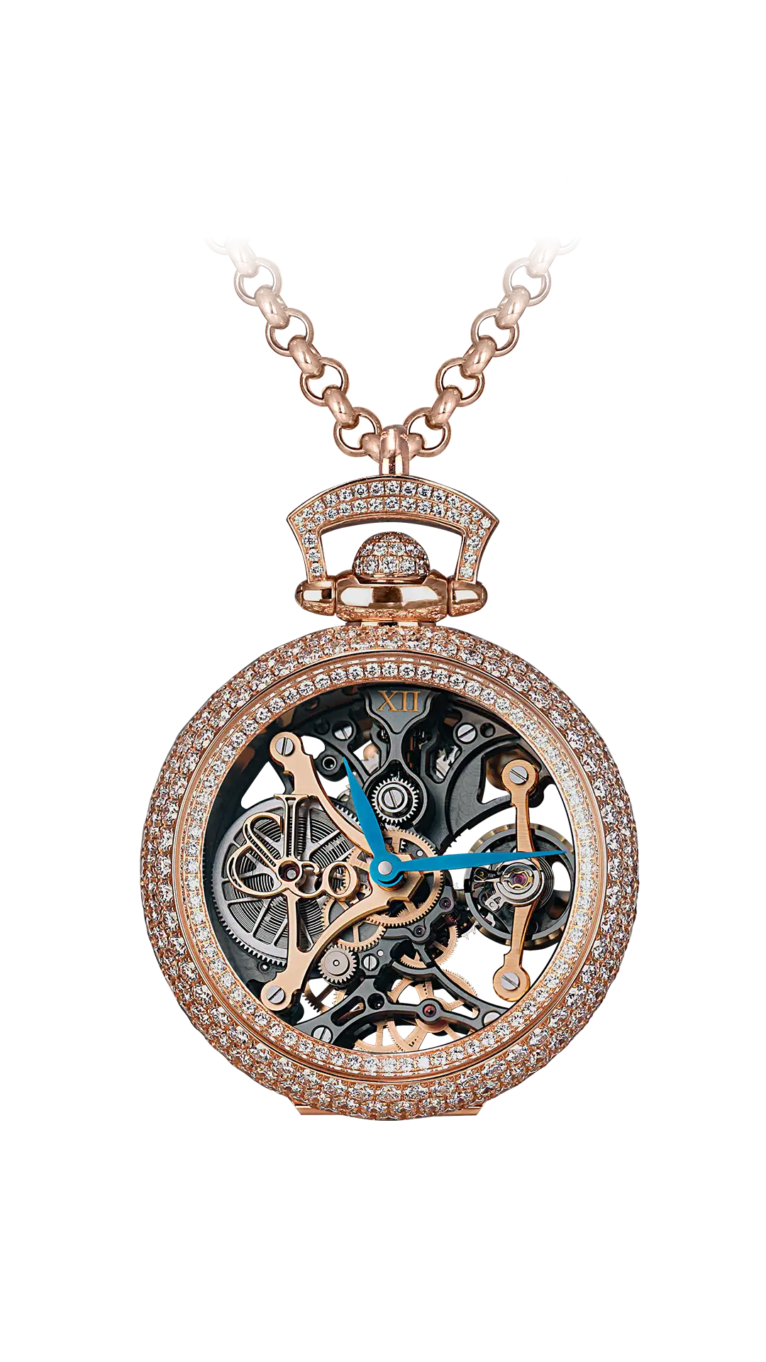 The rose gold Brilliant Watch Pendant, with a clear sapphire crystal dial and diamond pavé setting across the case.