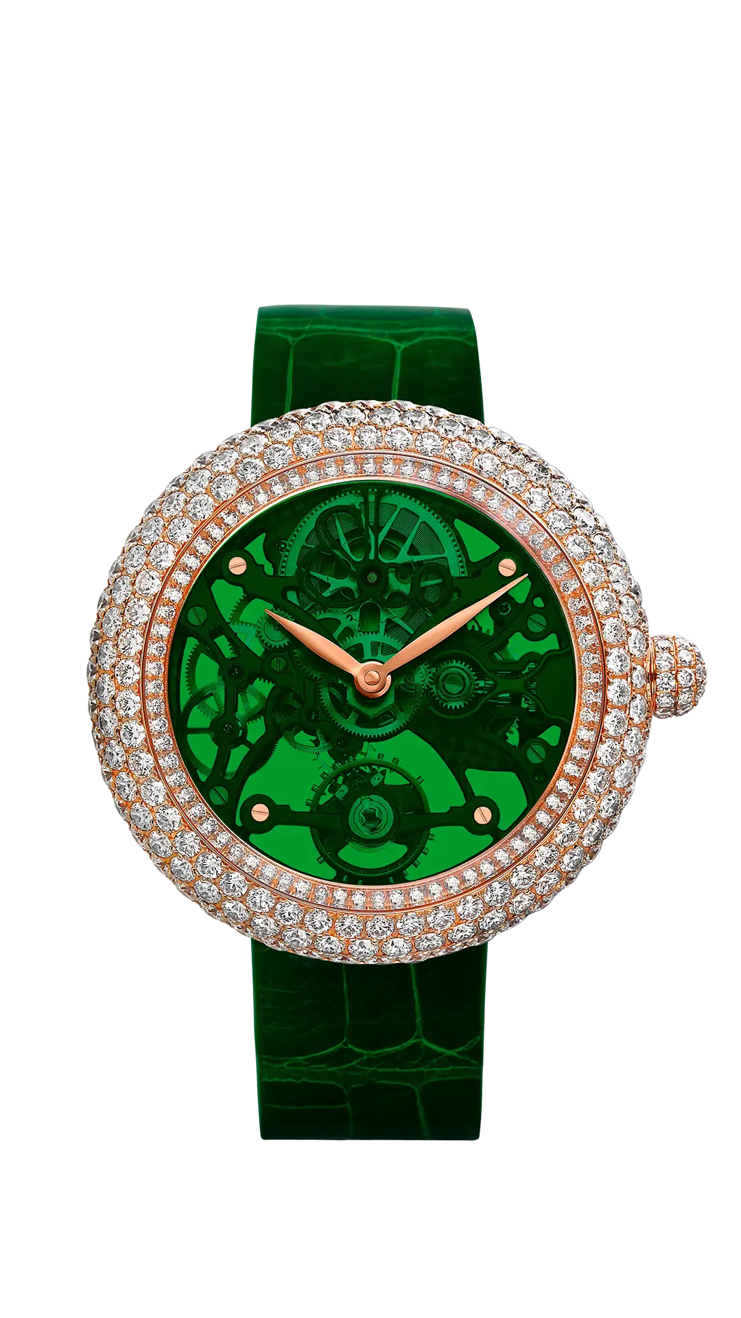 The rose gold Brilliant Skeleton Northern Lights, with a green dial, and diamonds set on the case bezel and crown