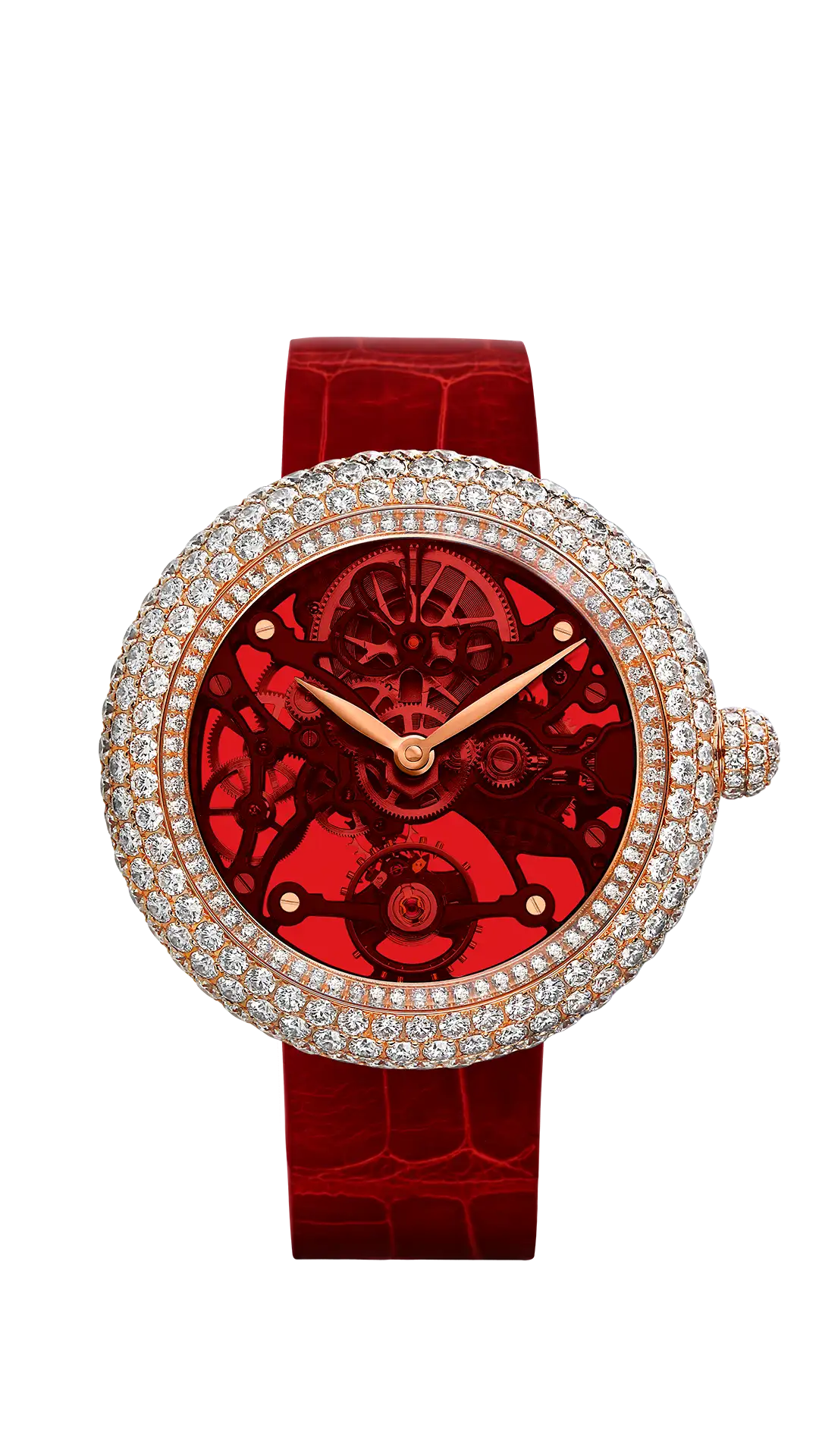 The rose gold Brilliant Skeleton Northern Lights, with a red dial, and diamonds set on the case bezel and crown