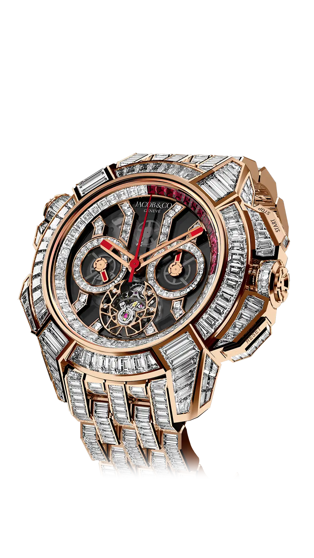 The rose gold Epic X Chrono Tourbillon Baguette, set with diamonds throughout the case, attached to a gem-set bracelet