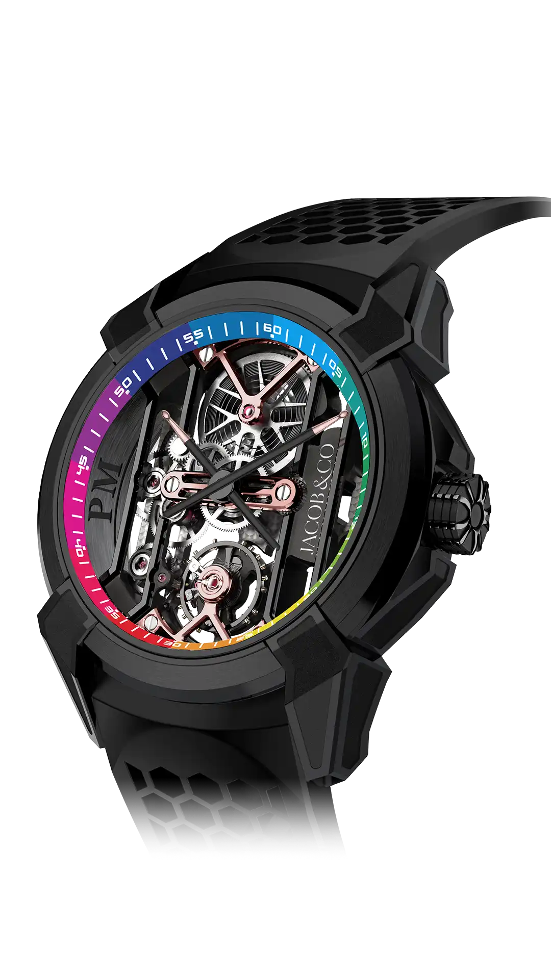 The black titanium Epic X Producer Michael, with a rainbow inner ring and rhodium-plated movement.