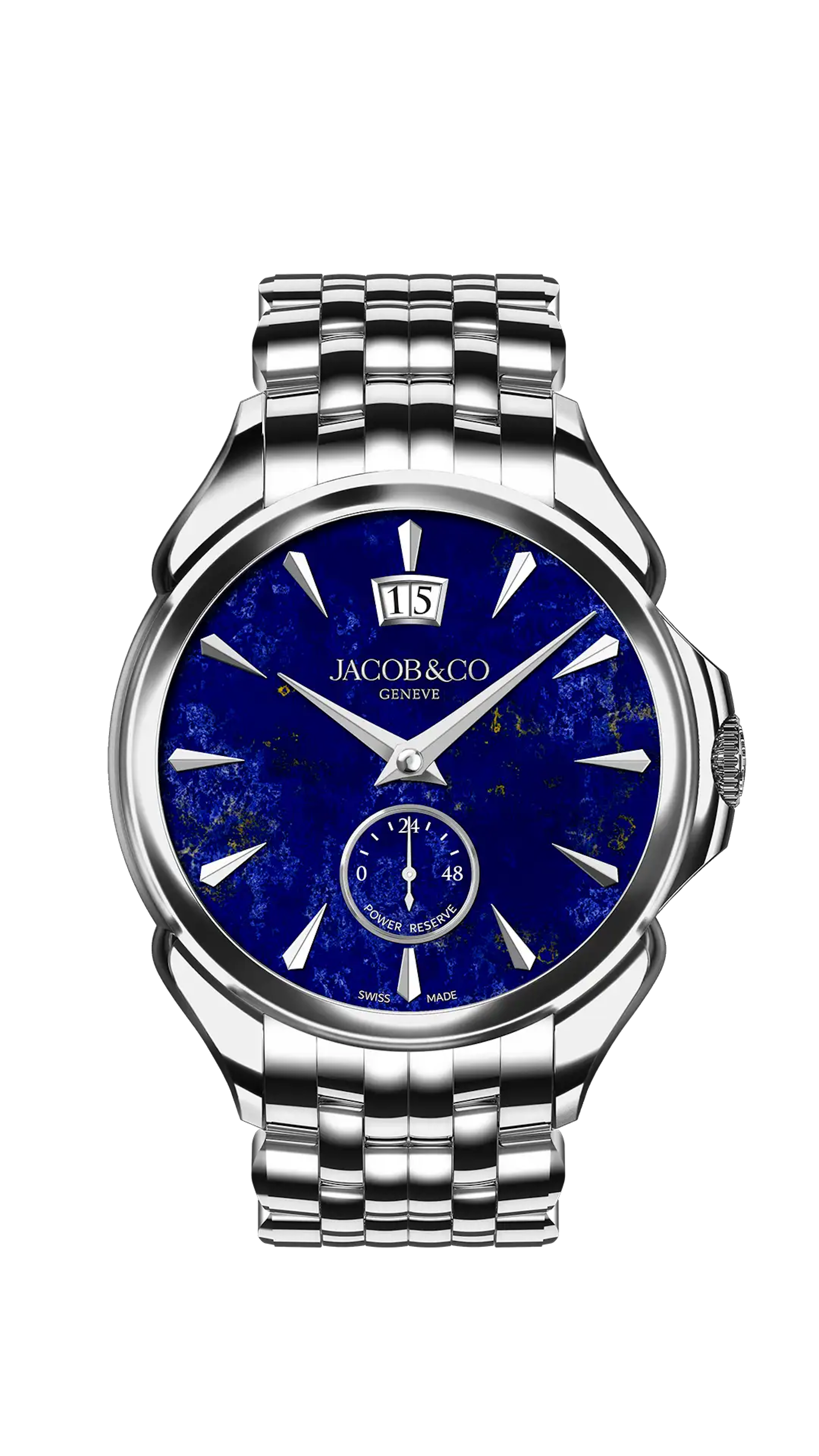 The stainless steel Palatial Classic, in lapis lazuli. The watch is attached to a steel bracelet.