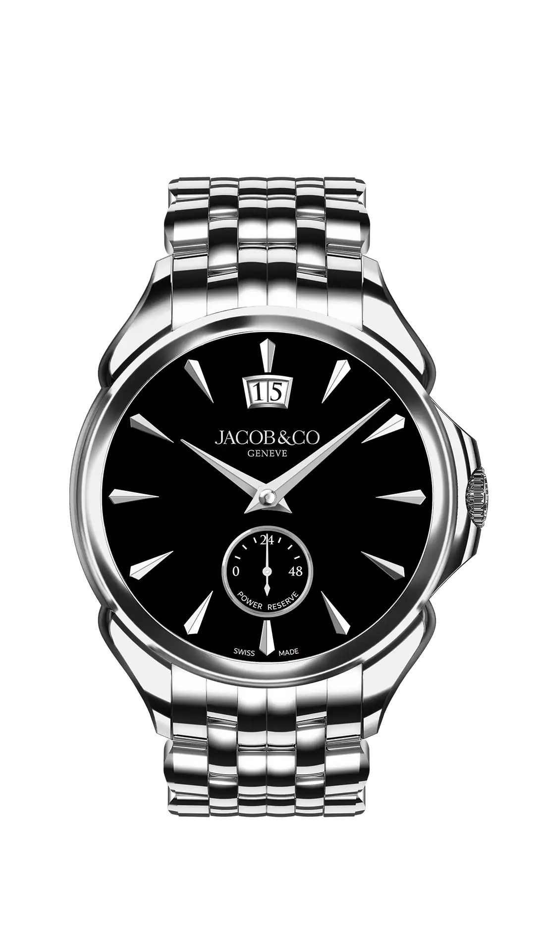 The stainless steel Palatial Classic, in onyx. The watch is attached to a steel bracelet.