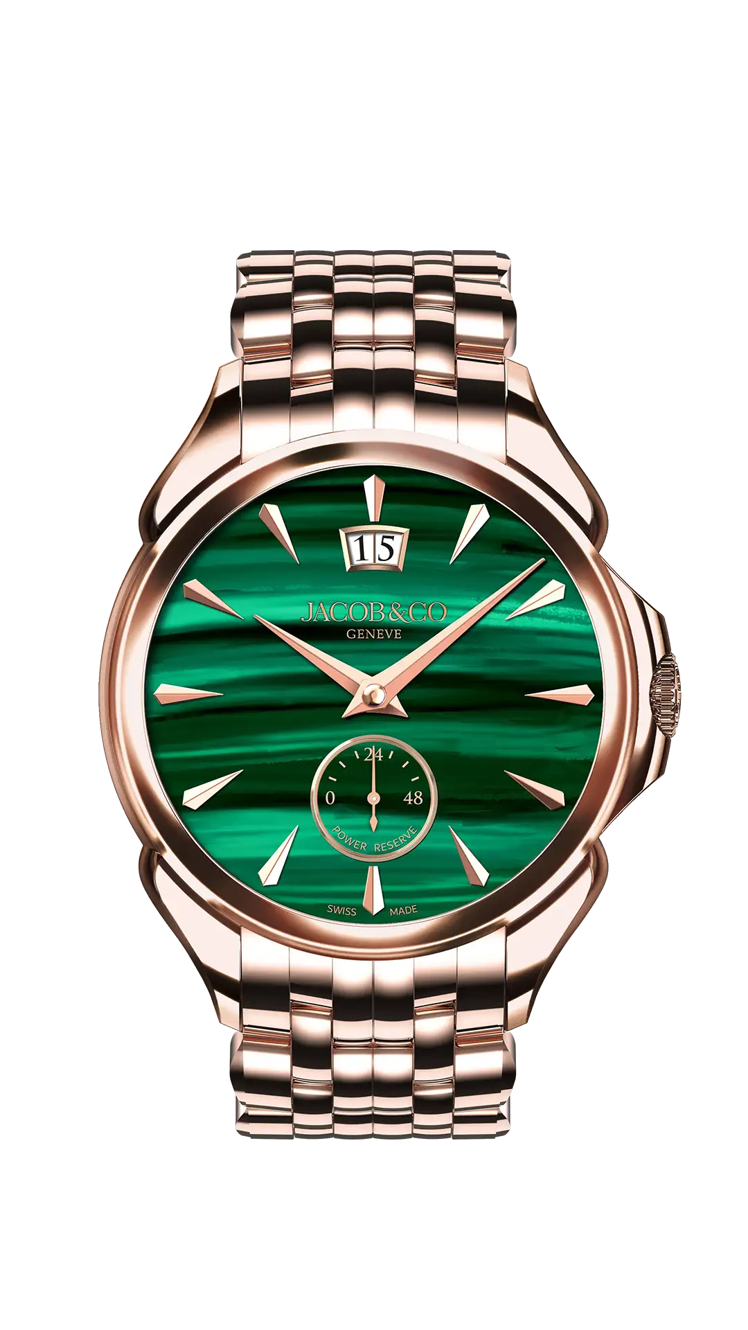The rose gold Palatial Classic, in malachite. The watch is attached to a rose gold bracelet.
