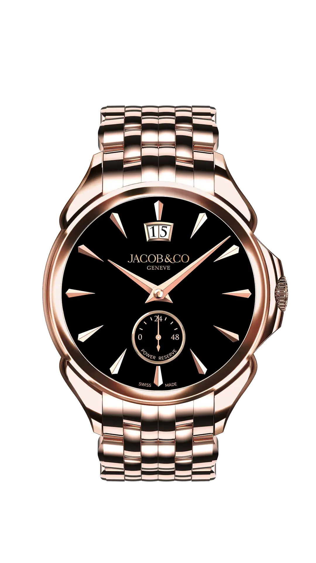 The rose gold Palatial Classic, in onyx. The watch is attached to a rose gold bracelet.