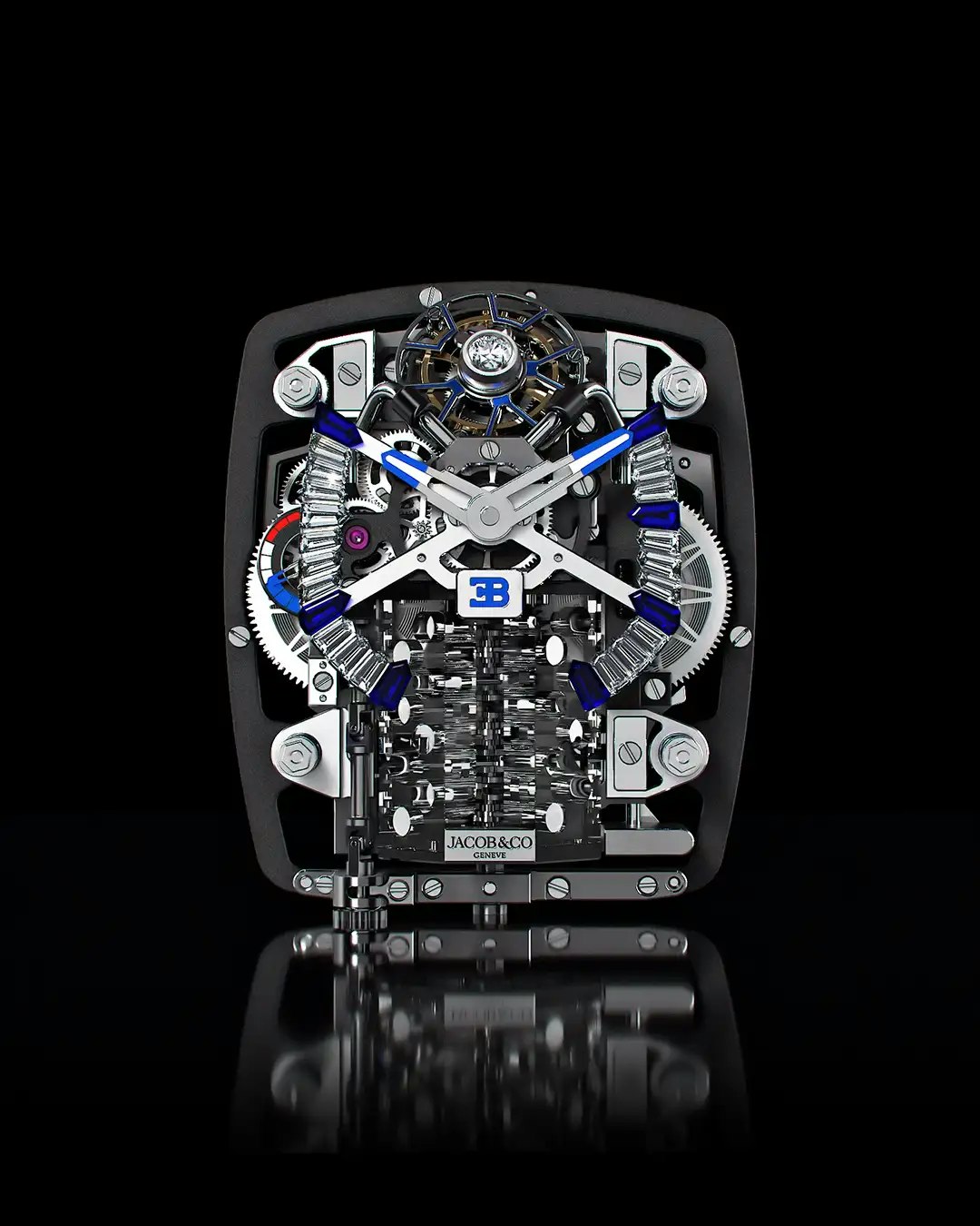 Watch With Engine Inside Bugatti Chiron Tourbillon Baguette | Jacob & Co.