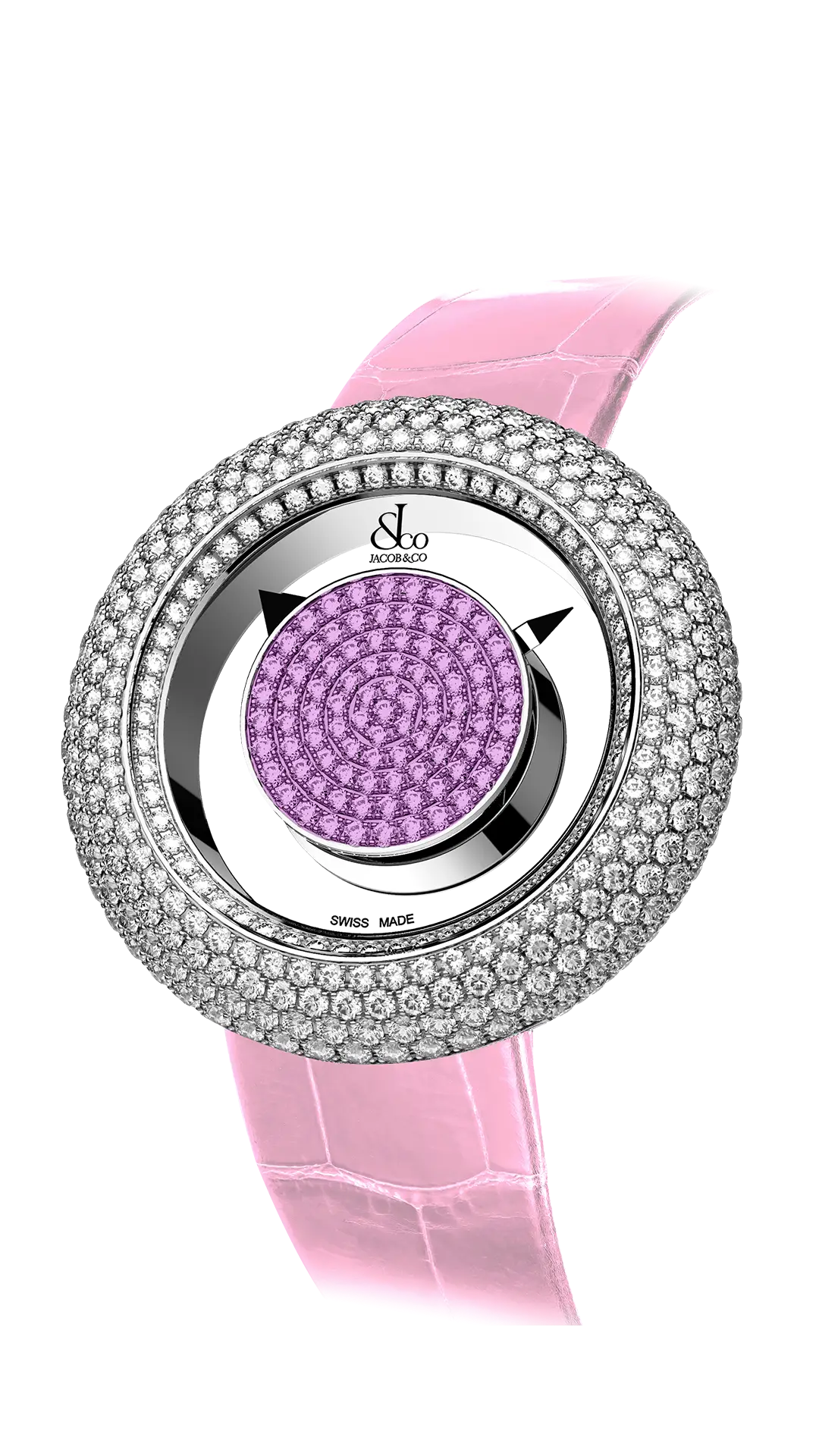 The 38-millimeter white gold Brilliant Mystery Pave Diamonds, with a pink sapphire-set dial, and a diamond-set bezel