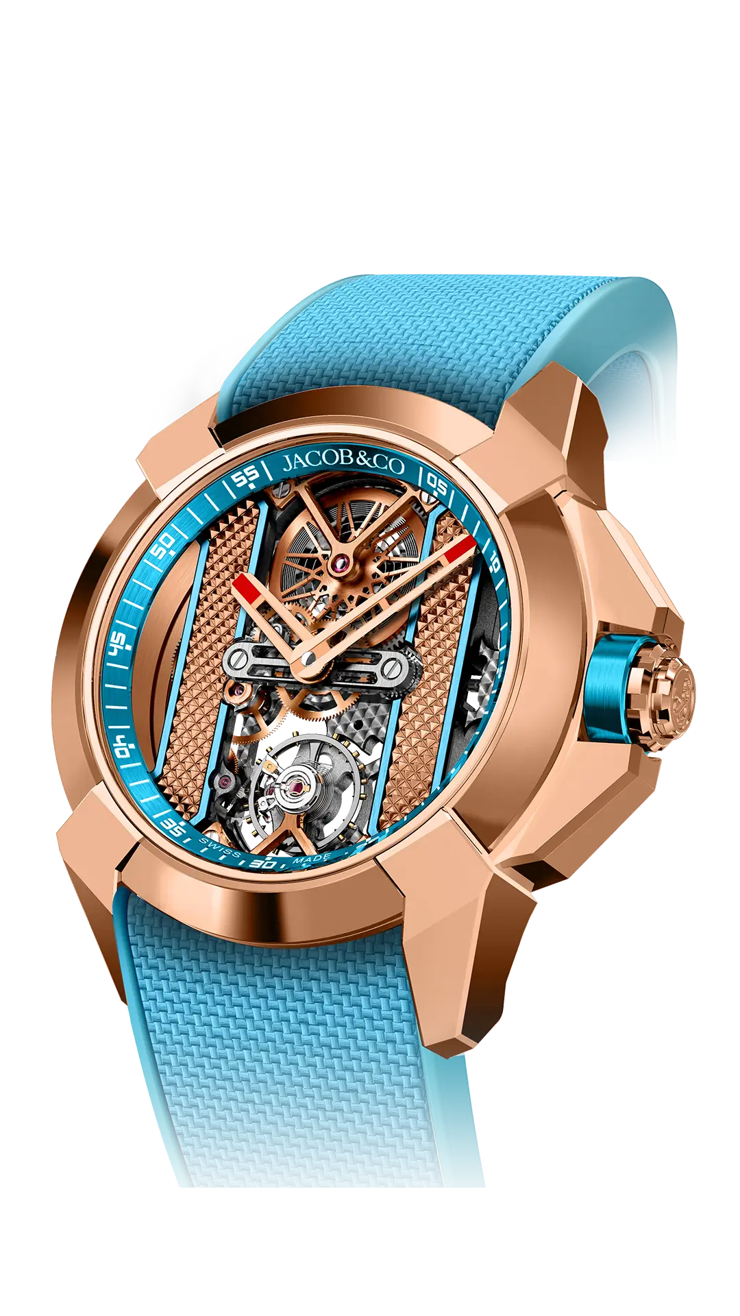 The rose gold Epic X Bridges, with electric blue accents.