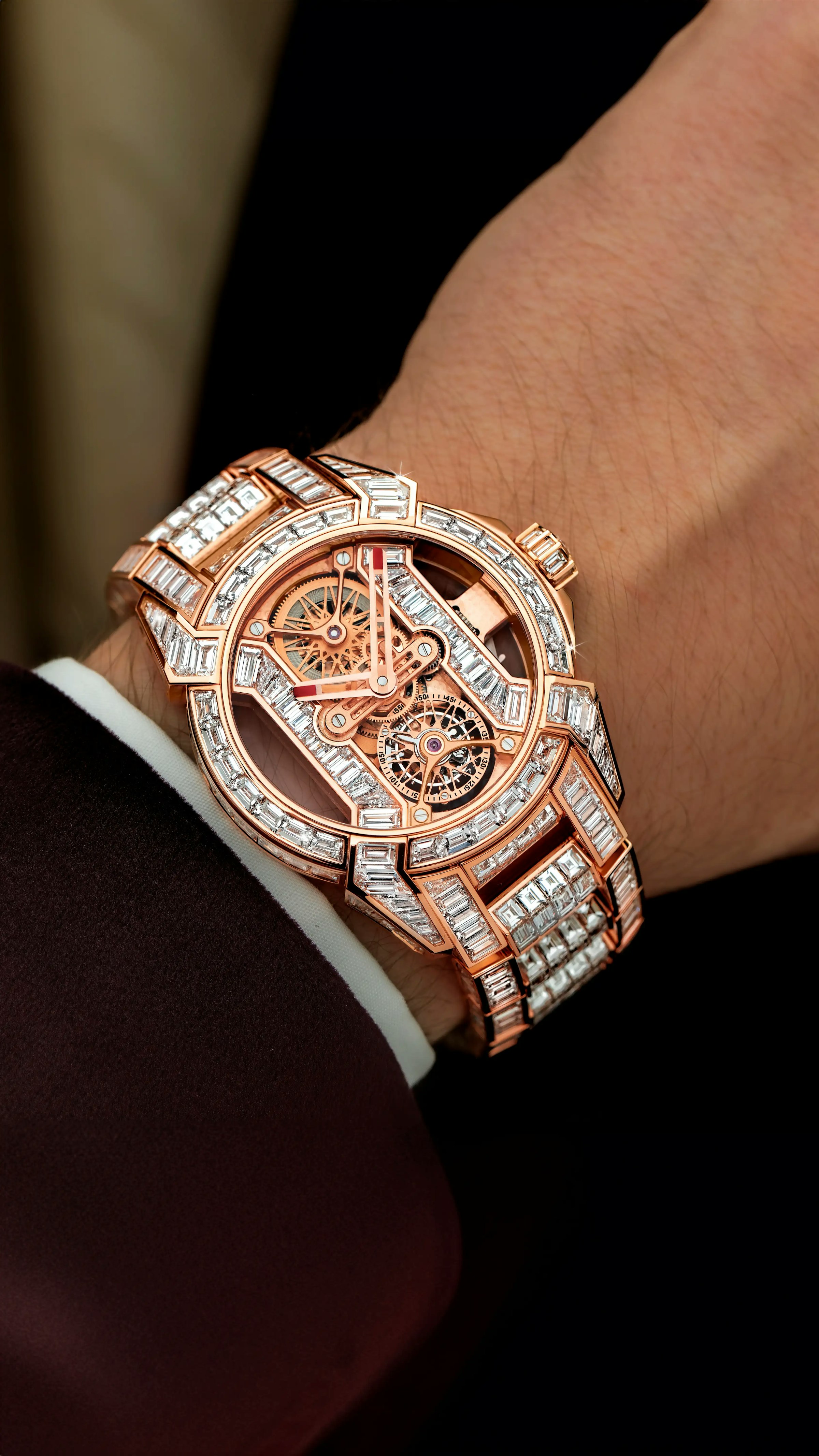The rose gold Epic X Tourbillon Baguette, worn on the left wrist.