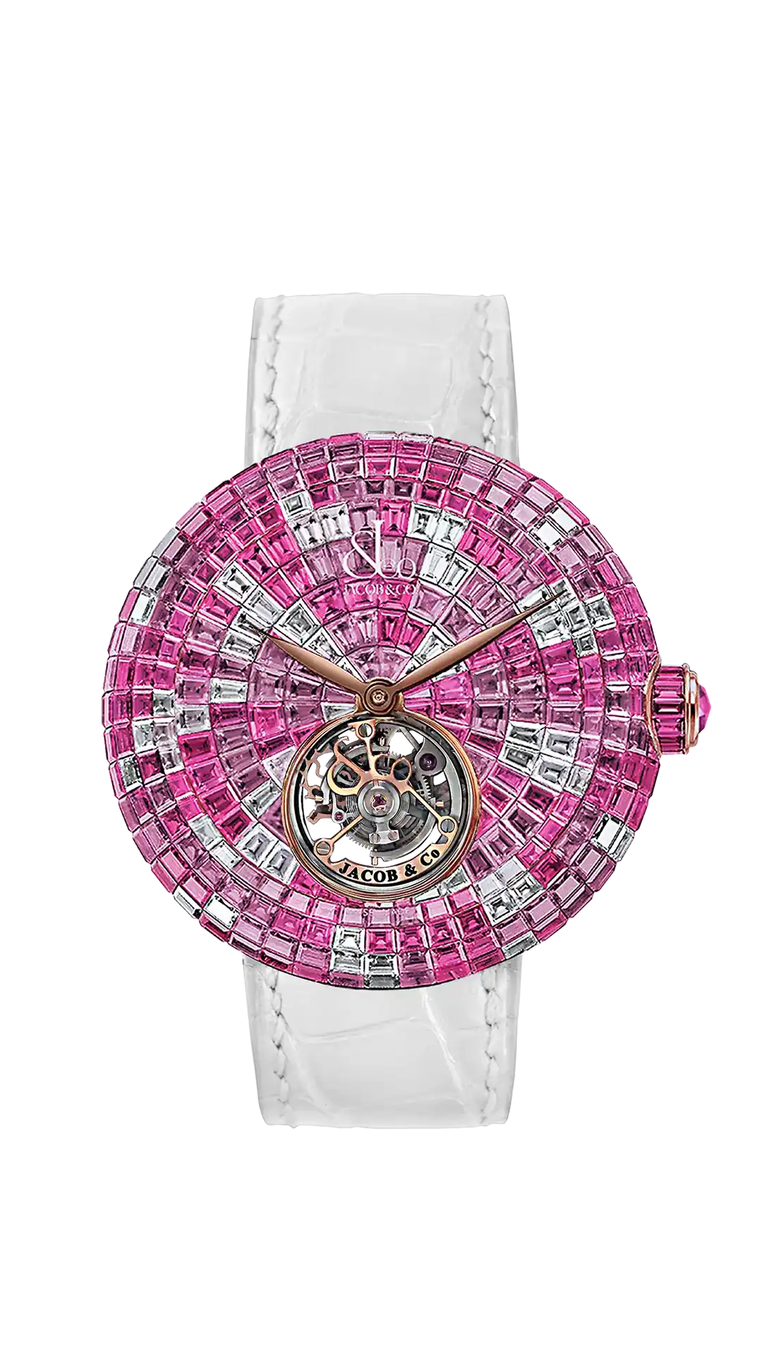 The white gold pink camouflage Brilliant Flying Tourbillon, fully set with pink sapphires and diamonds.