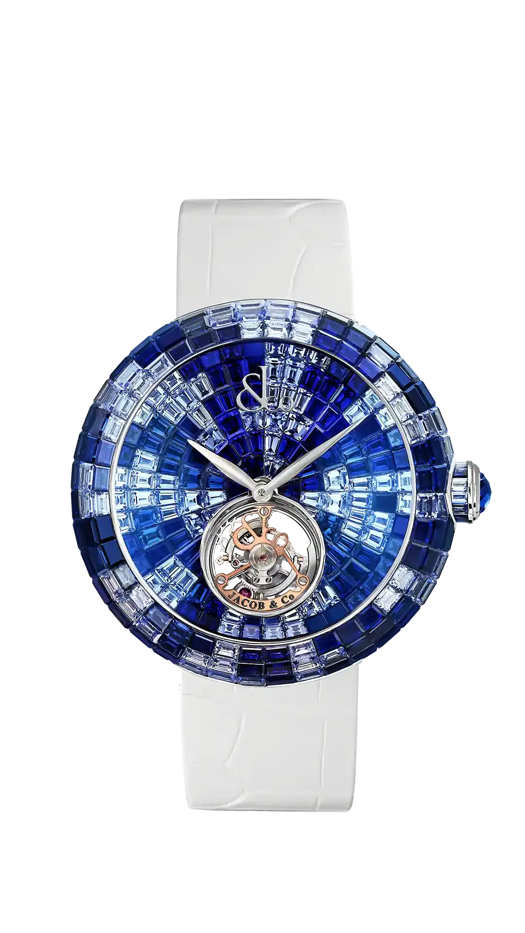 The white gold Blue Shades Brilliant Flying Tourbillon, fully set with baguette-cut multicolored blue sapphires.